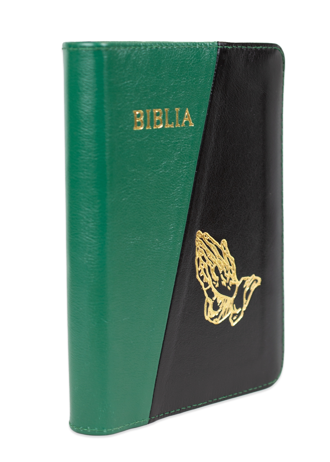 Biblie din piele, marime medie, verde cu negru, fermoar, margini albe, simbol maini in rugaciune, cuv. lui Isus cu rosu [053]