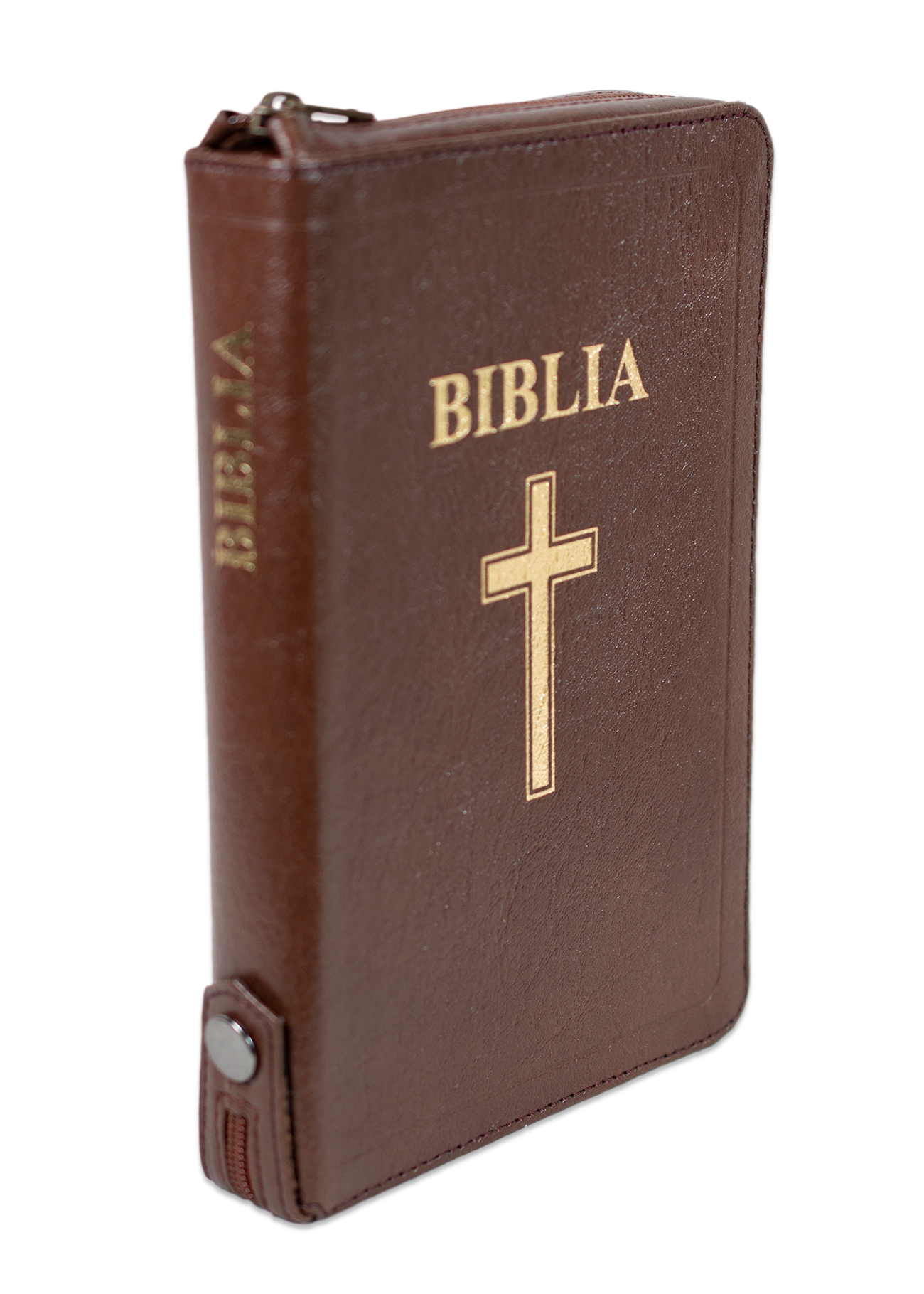 Biblia din piele, marime medie, maro, fermoar cu capsă, index, margini aurii, hărți biblice, cuv. lui Isus în roșu [057 ZTI FIB]