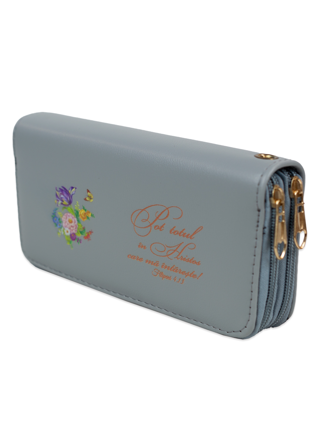 Portofel damă, 2 fermoare, gri, cu imprimeu "Pot totul in Hristos care ma intareste ! " Portofel damă, 2 fermoare, gri, cu imprimeu "Pot totul in Hristos care ma intareste ! "
