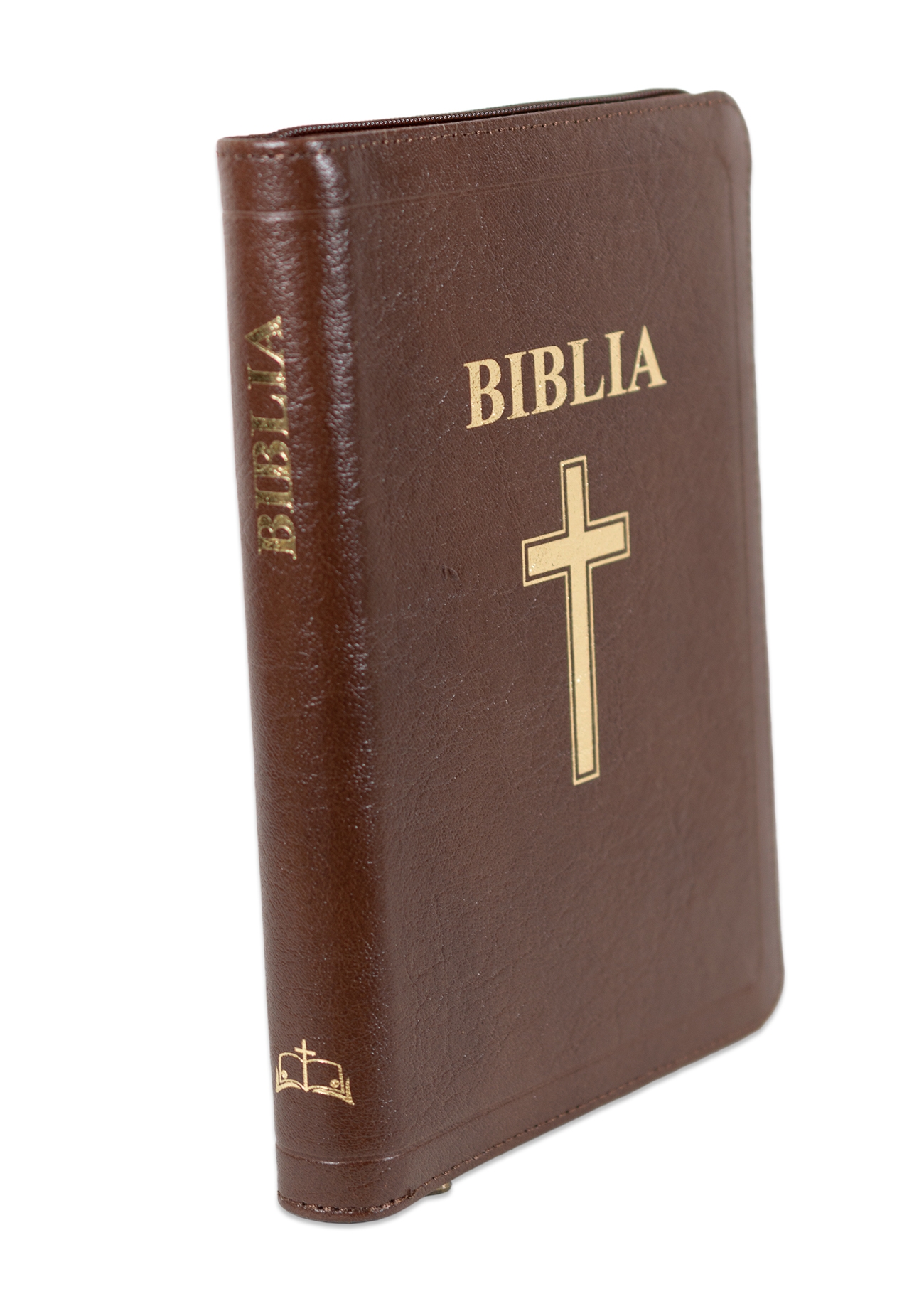 Biblia din piele, marime medie, maro, fermoar, index, margini aurii, hărți biblice, cuv. lui Isus în roșu [057 ZTI]