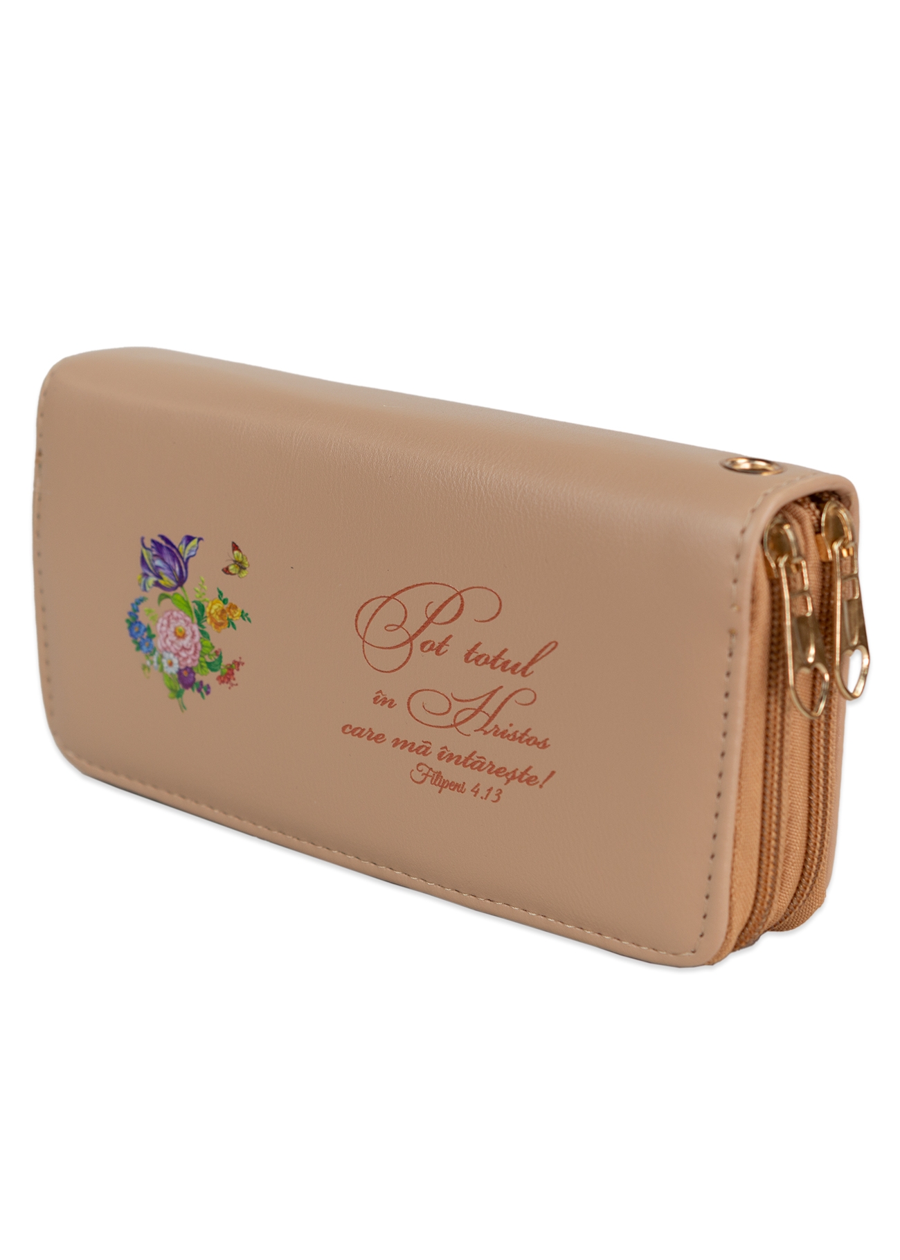 Portofel damă, 2 fermoare, bej, cu imprimeu "Pot totul in Hristos care ma intareste ! " Portofel damă, 2 fermoare, bej, cu imprimeu "Pot totul in Hristos care ma intareste ! "
