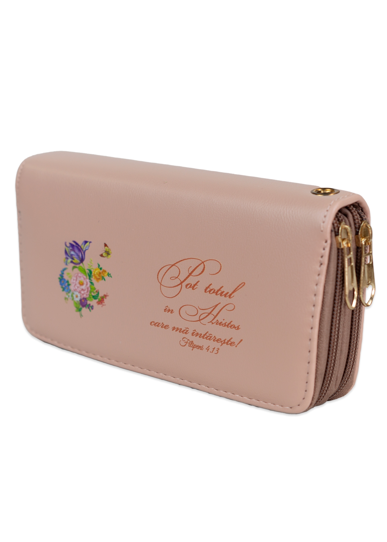 Portofel damă, 2 fermoare, roz plămâniu, cu imprimeu "Pot totul in Hristos care ma intareste ! " Portofel damă, 2 fermoare, roz plămâniu, cu imprimeu "Pot totul in Hristos care ma intareste ! "