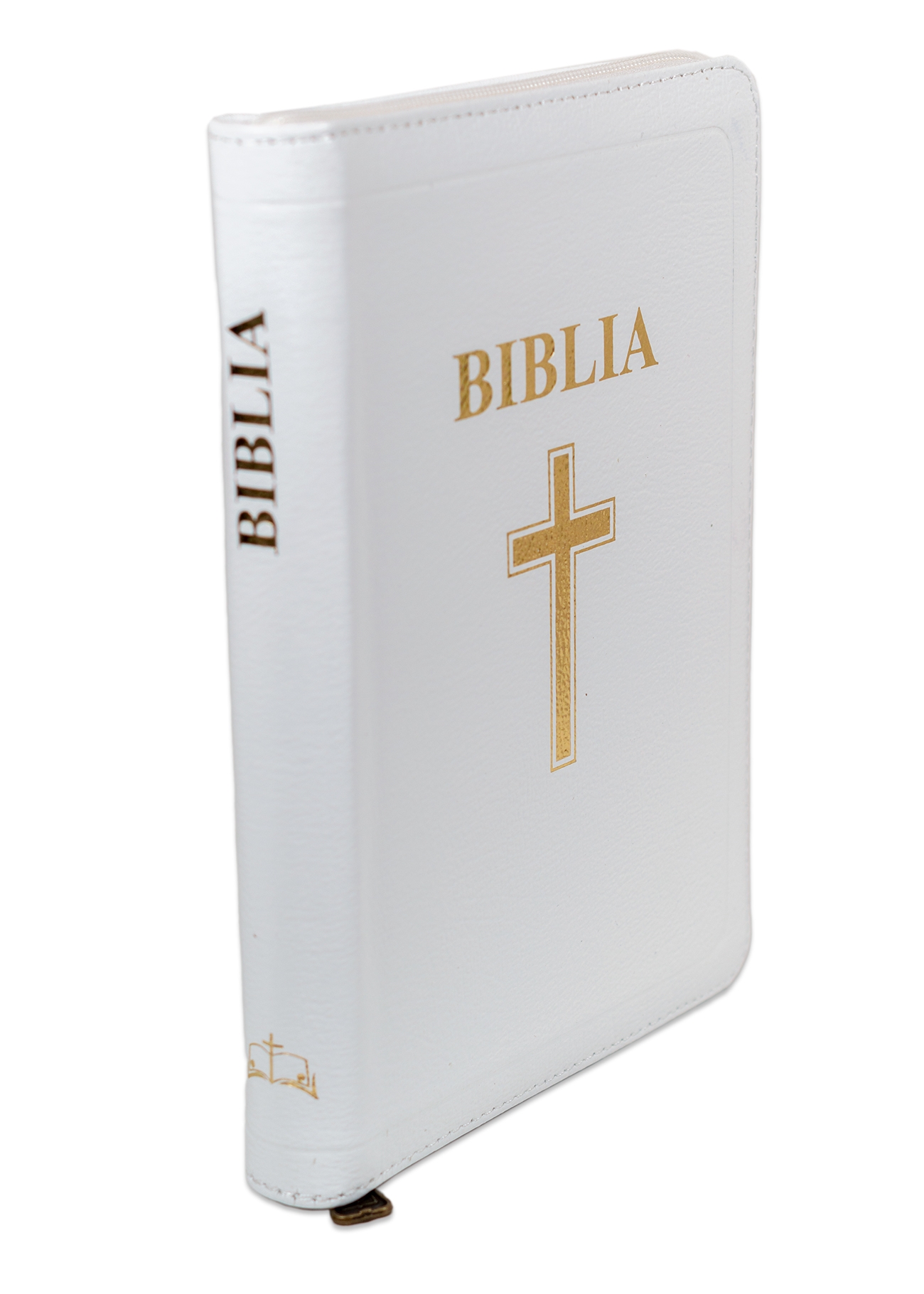 Biblia din piele, marime medie, alba, fermoar, index, margini aurii, hărți biblice, cuv. lui Isus în roșu [057 ZTI]