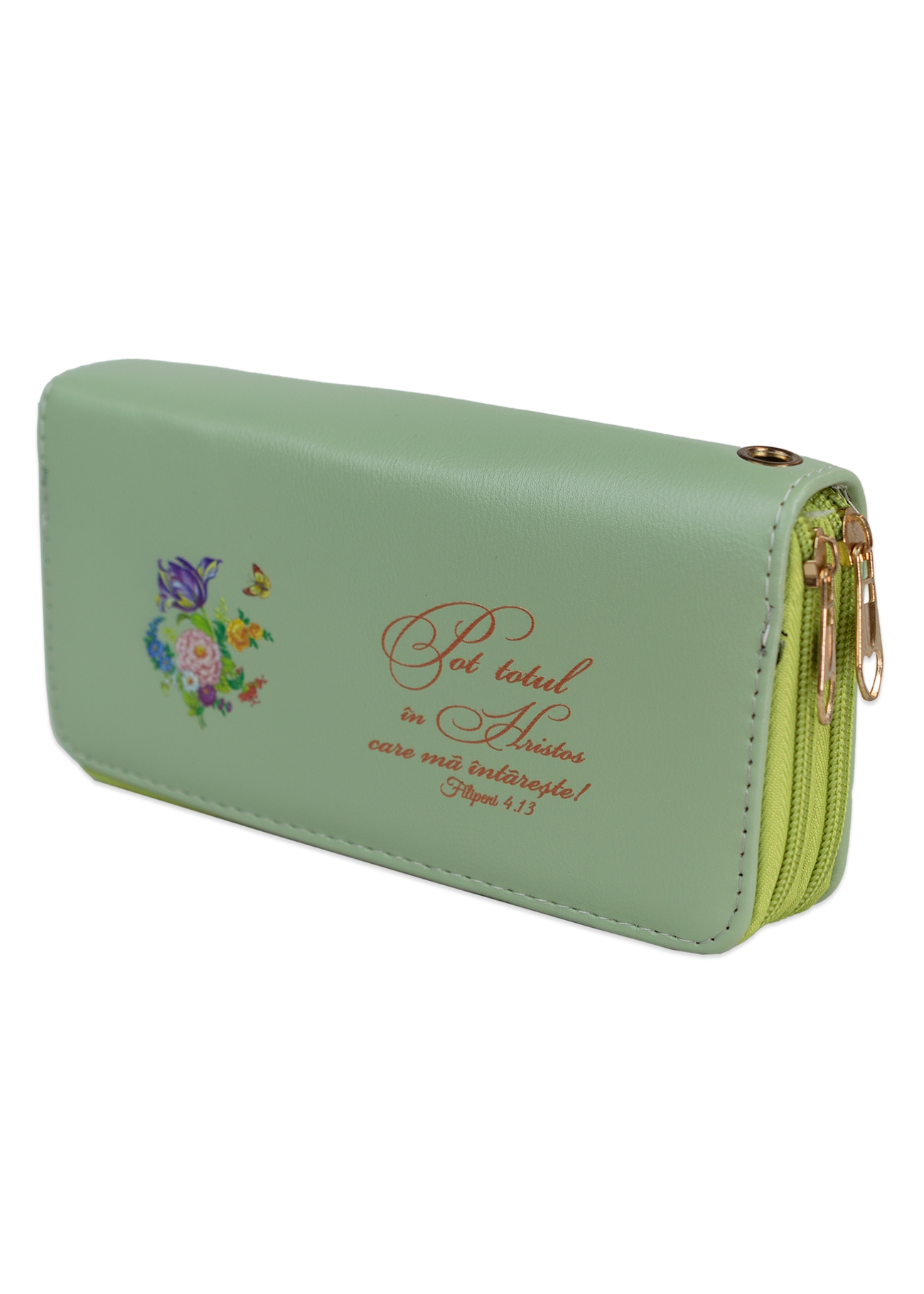 Portofel damă, 2 fermoare, verde, cu imprimeu "Pot totul in Hristos care ma intareste ! "