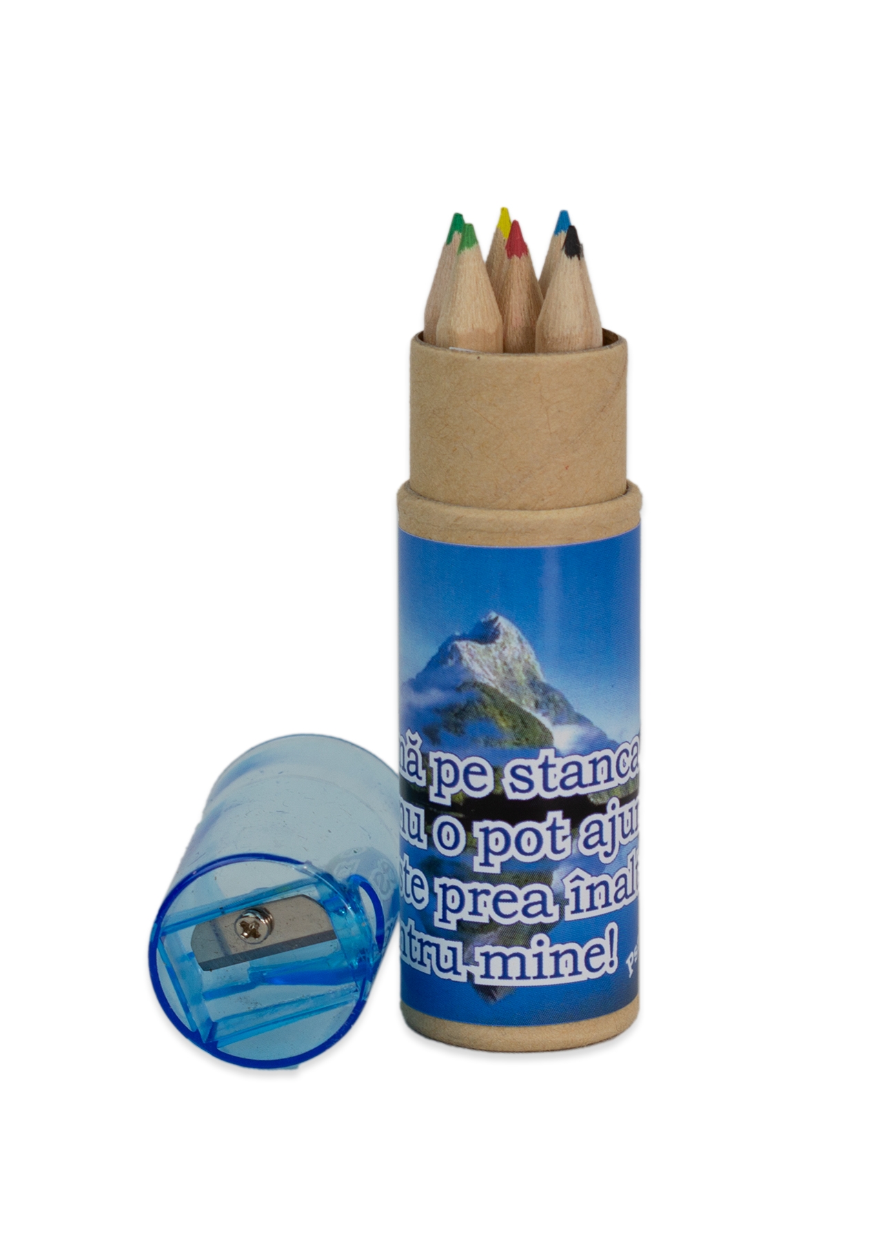 Set creioane colorate + ascuțitoare   "Du-mă pe stânca pe care nu o pot ajunge..." (Ps 61:2b)