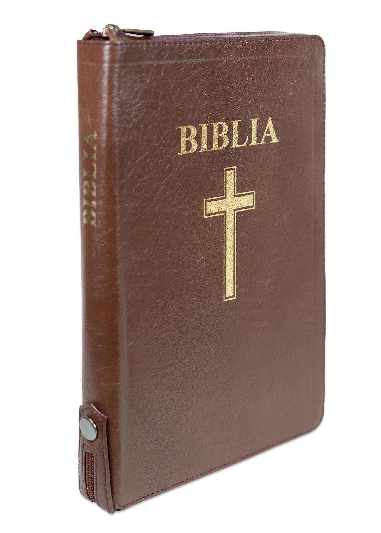 Biblia mărime mare, piele, maro, margini aurii, index, fermoar cu capsă, hărți biblice, simbol cruce, cuv. lui Isus cu roșu [077 ZTI FIB]
