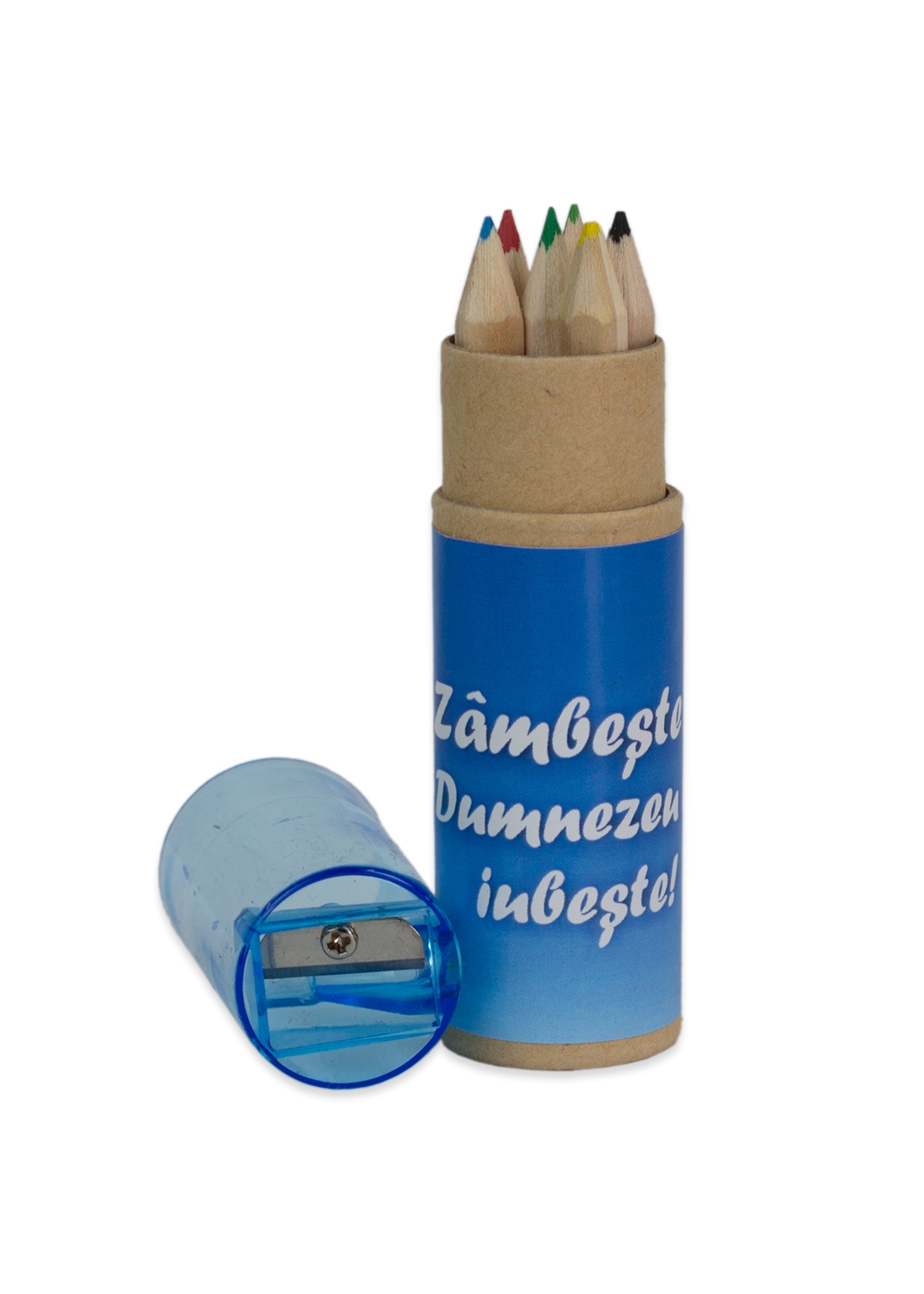 Set creioane colorate + ascuțitoare   "Zâmbește Dumnezeu te iubește! " Set creioane colorate + ascuțitoare   "Zâmbește Dumnezeu te iubește! "