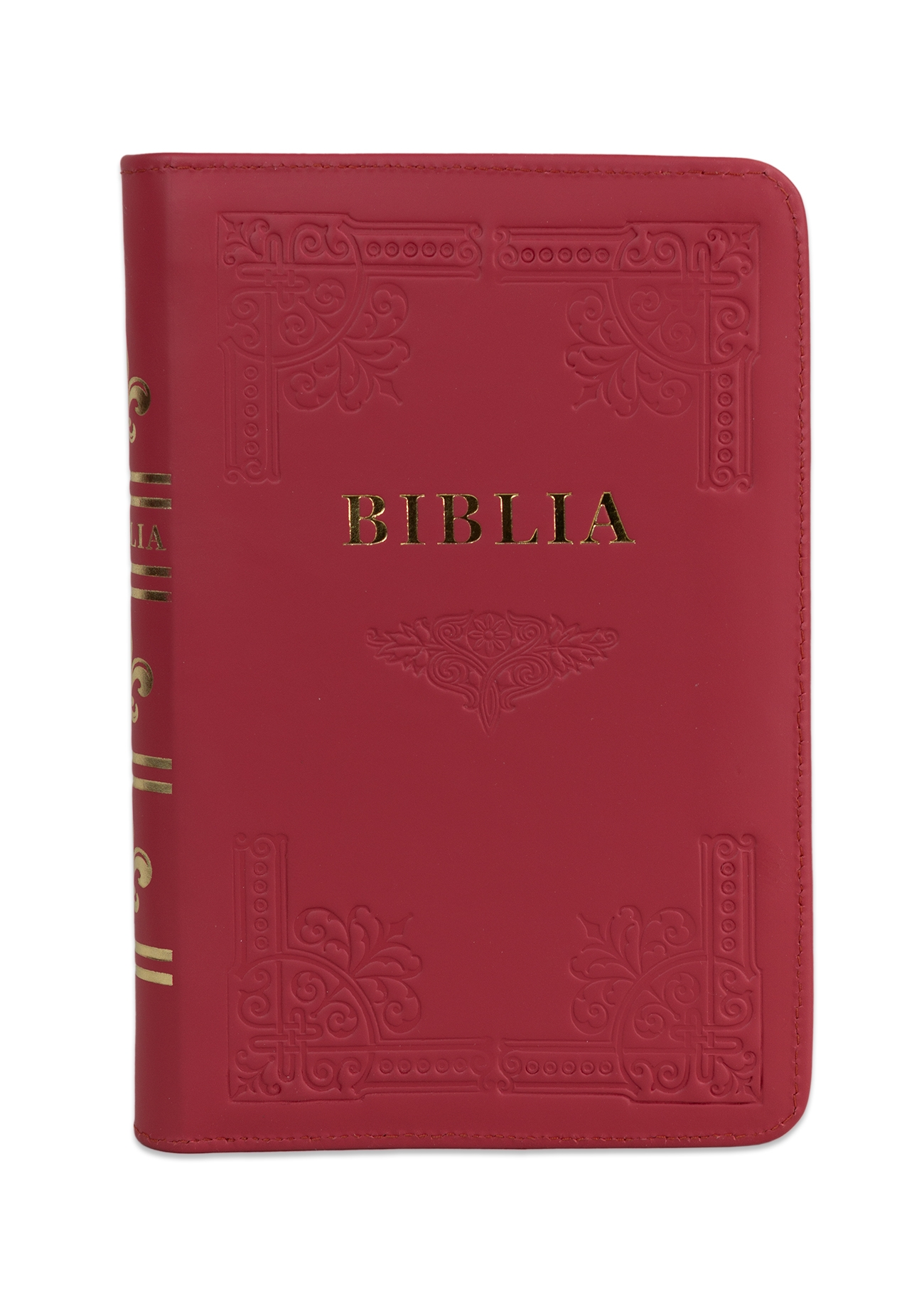 Biblia din piele, handmade, marime medie, culoare roz inchis, fermoar,margini aurii cu index, cuv. lui Isus cu rosu [057 HM]