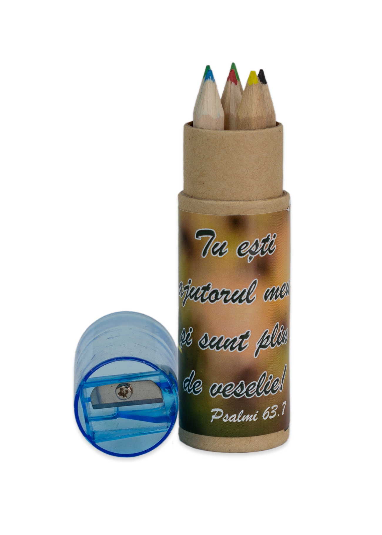 Set creioane colorate + ascuțitoare   "Tu ești ajutorul meu... " (Ps 63:7) Set creioane colorate + ascuțitoare   "Tu ești ajutorul meu... " (Ps 63:7)