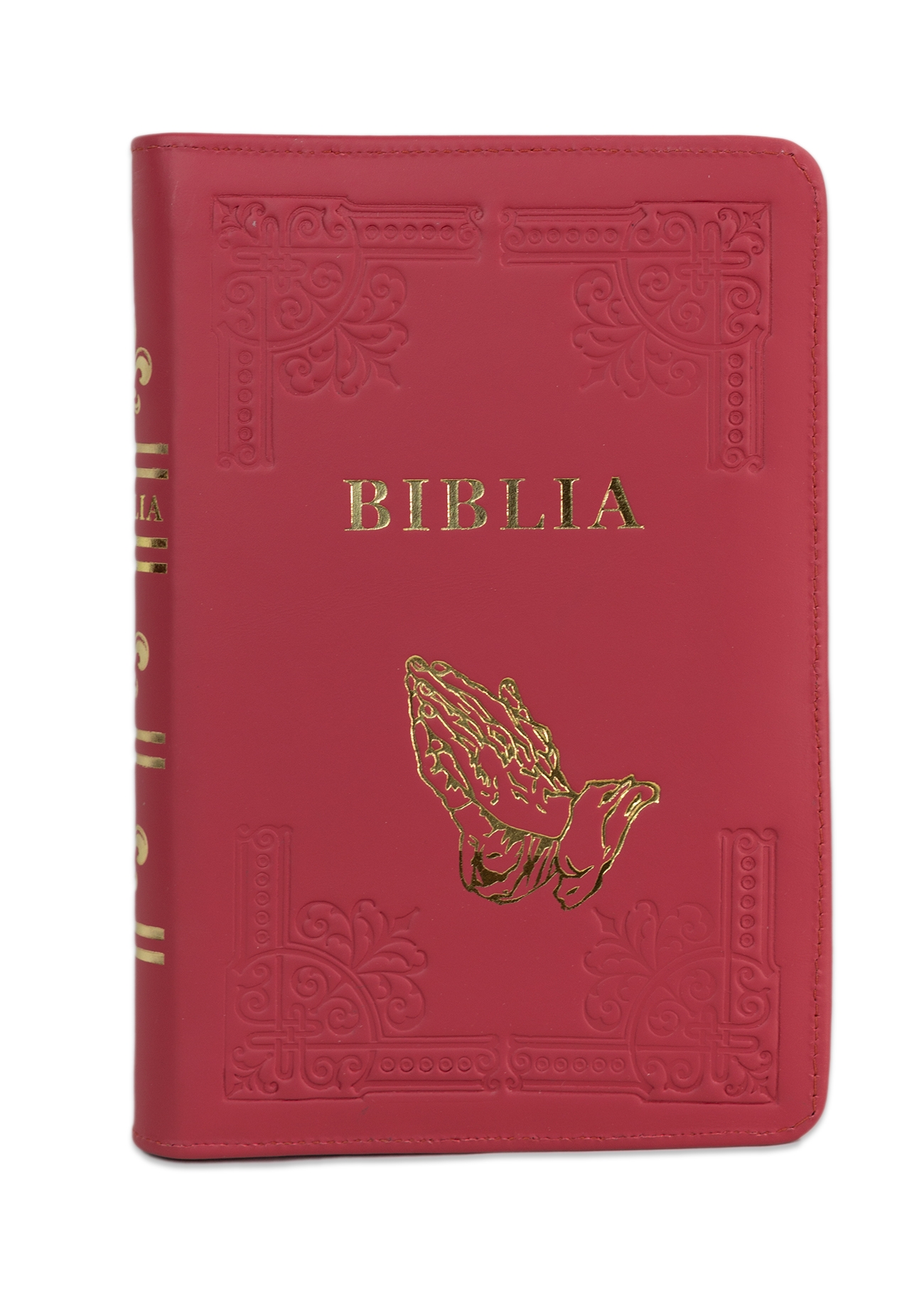 Biblia din piele, handmade, marime medie, culoare roz inchis, fermoar, simbol maini in rugaciune, margini aurii cu index, cuv. lui Isus cu rosu [057 HM]