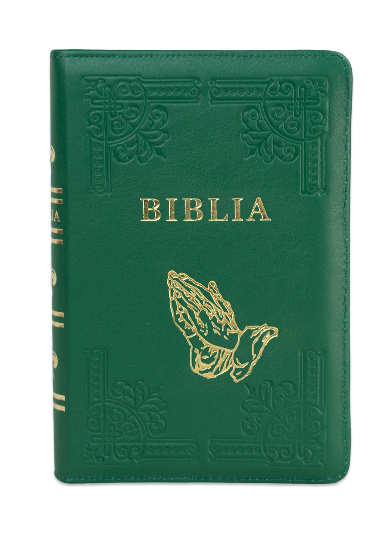 Biblia din piele, handmade, marime medie, culoare verde ,fermoar, simbol maini in rugaciune, margini aurii cu index, cuv. lui Isus cu rosu [057 HM]