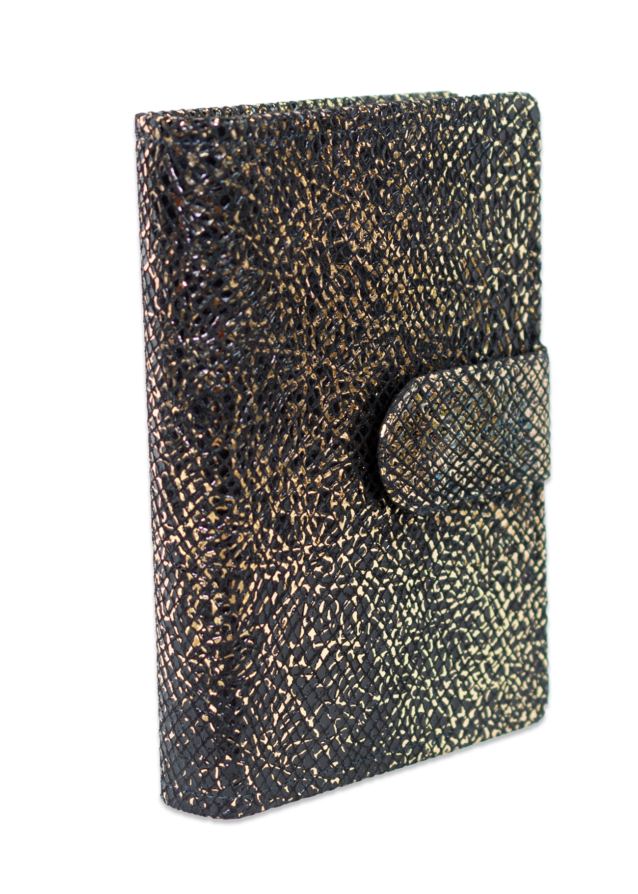 Biblia marime medie, neagră cu forme aurii, piele, inchidere baretă cu capsă, margini aurii, index, cuv. lui Isus cu rosu [MAR 057 PBI]