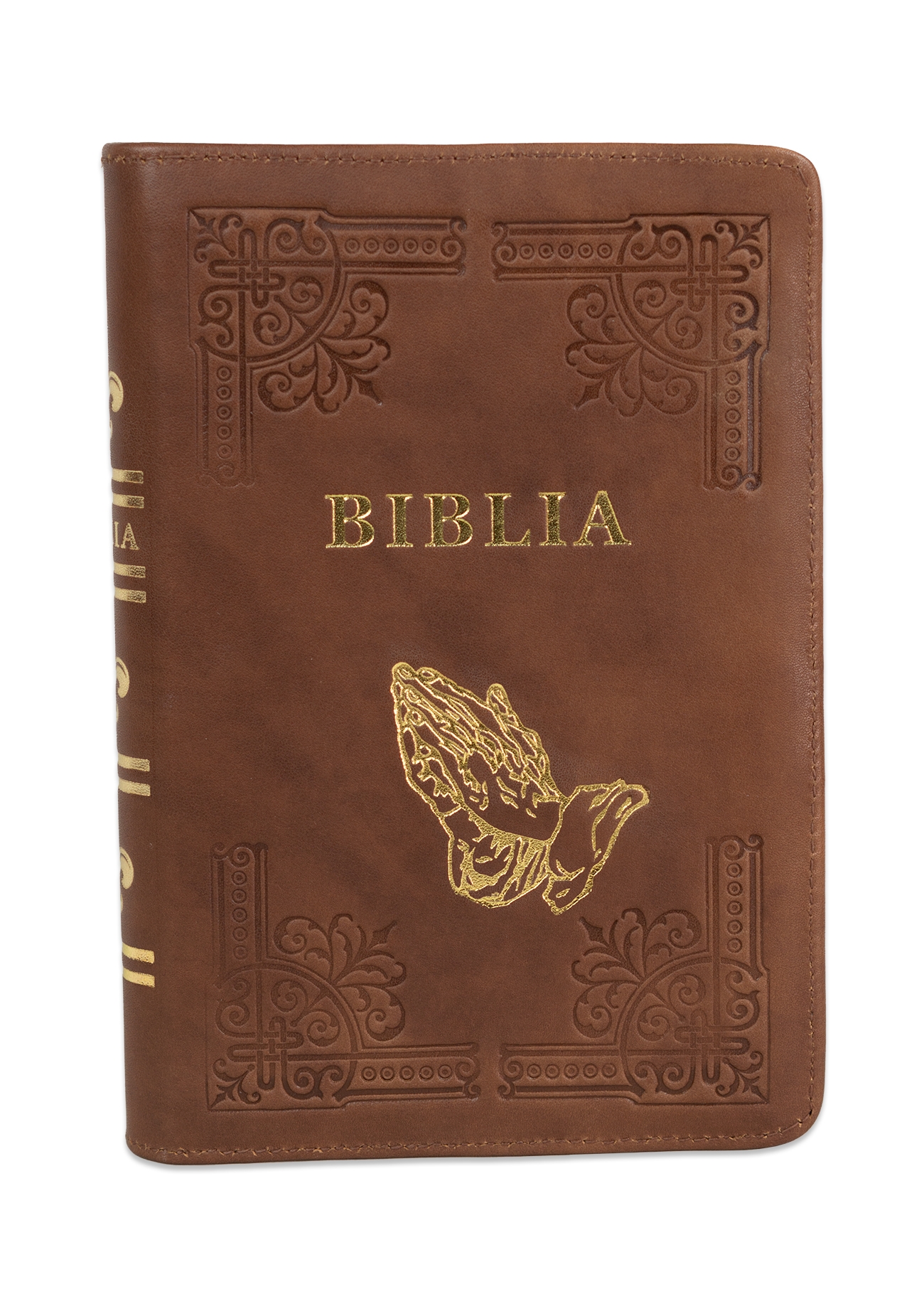 Biblia din piele, handmade, marime medie, culoare maro, fermoar, simbol maini in rugaciune, margini aurii cu index, cuv. lui Isus cu rosu [057 HM]