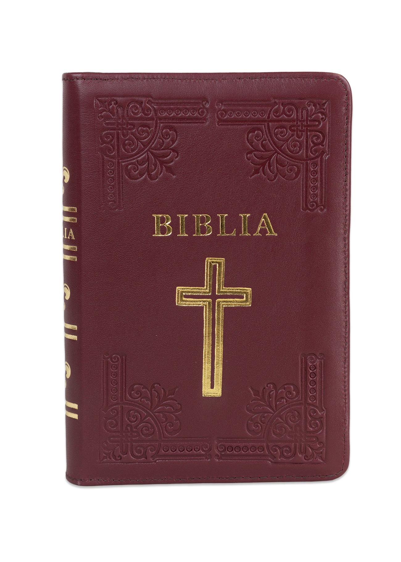 Biblia din piele, handmade, marime medie, culoare visinie, fermoar, simbol cruce, margini aurii cu index, cuv. lui Isus cu rosu [057 HM]