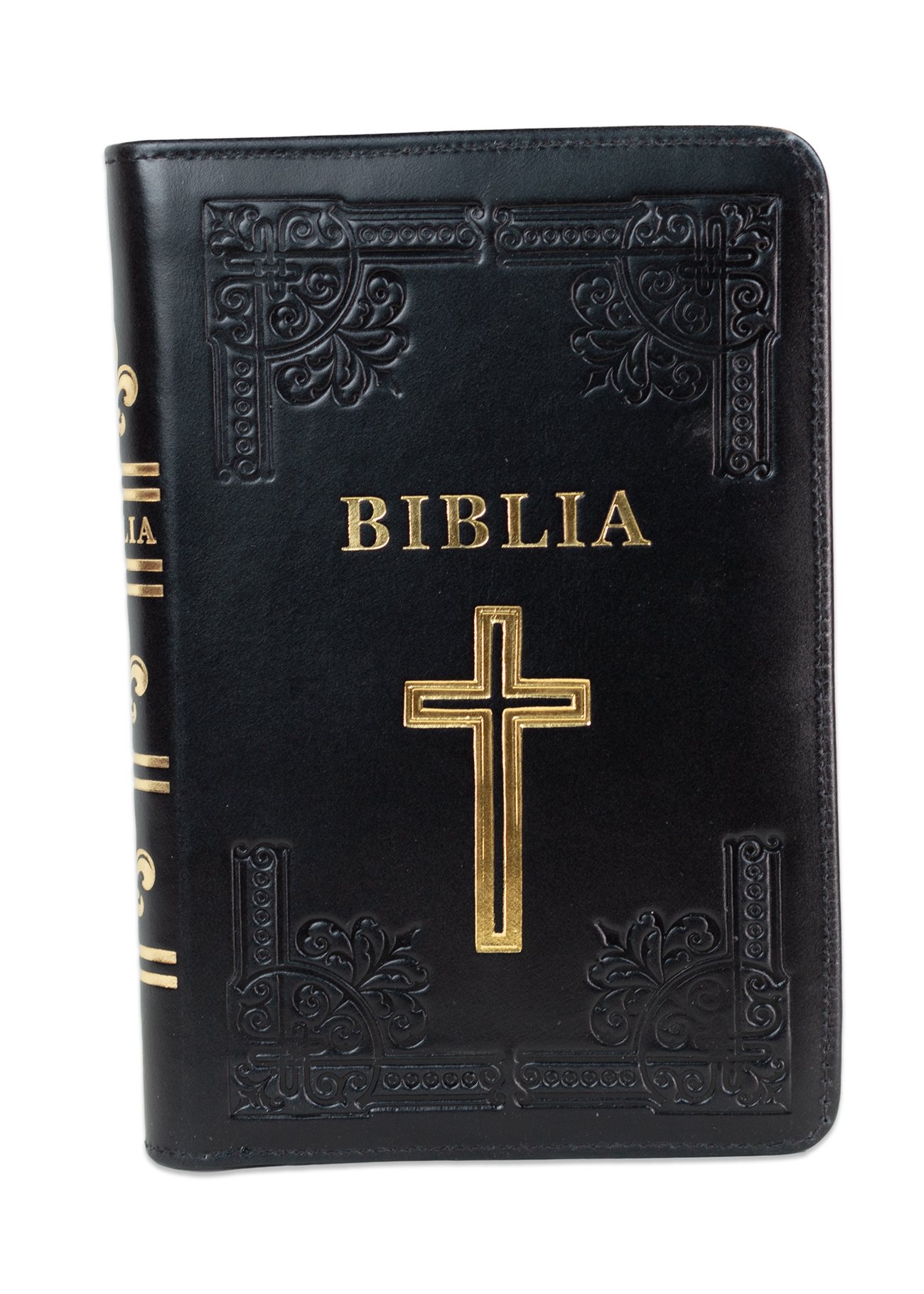 Biblia din piele, handmade, marime medie, culoare neagra, fermoar, simbol cruce, margini aurii cu index, cuv. lui Isus cu rosu [057 HM]