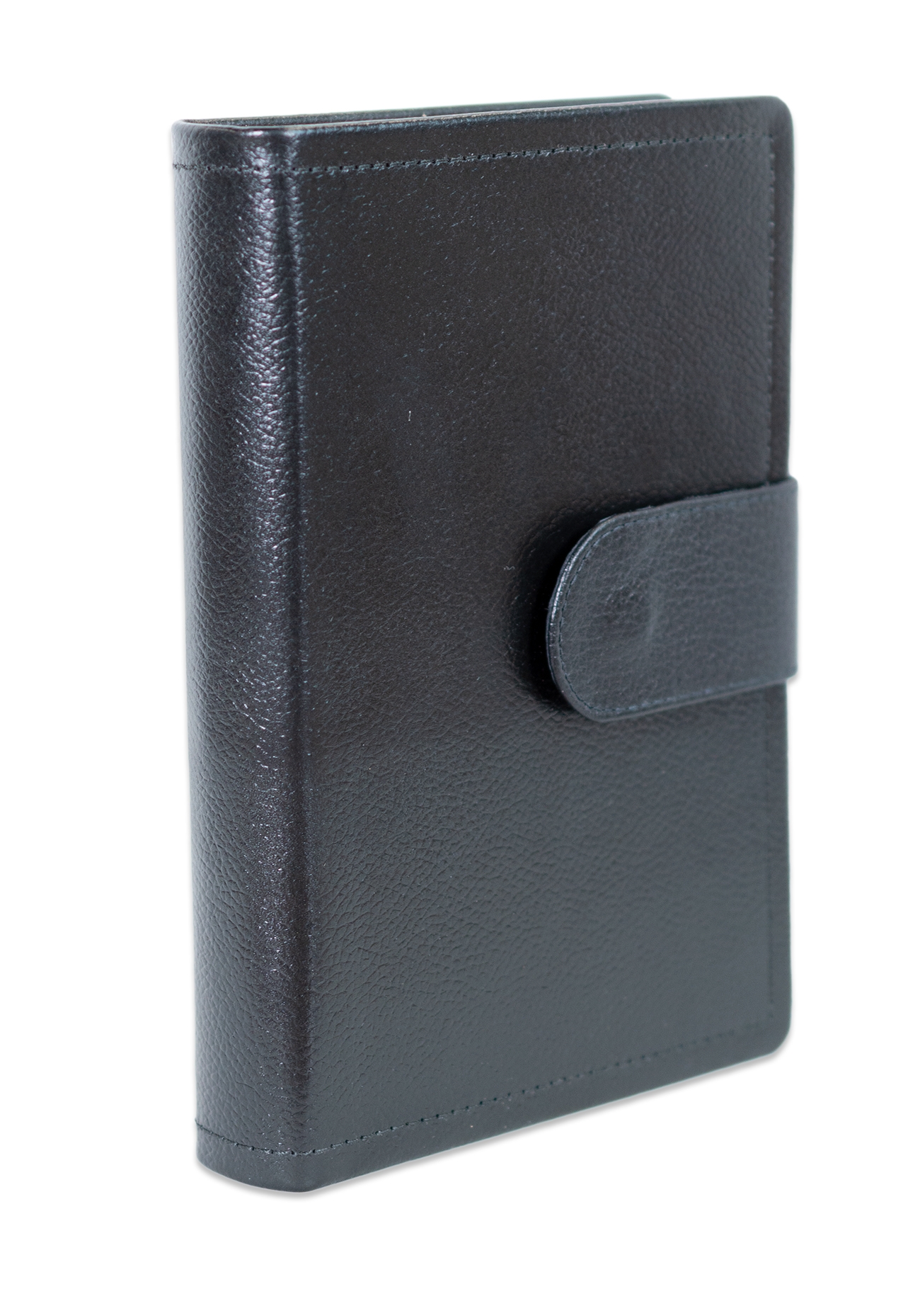 Biblia marime medie, neagră, piele, inchidere baretă cu capsă, margini aurii, index, cuv. lui Isus cu rosu [MAR 057 PBI]