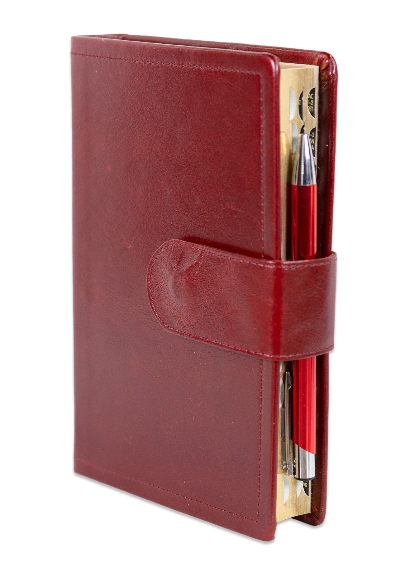 Biblia marime medie, vișiniu închis, piele, inchidere baretă cu capsă, margini aurii, index, cuv. lui Isus cu rosu [MAR 057 PBI]