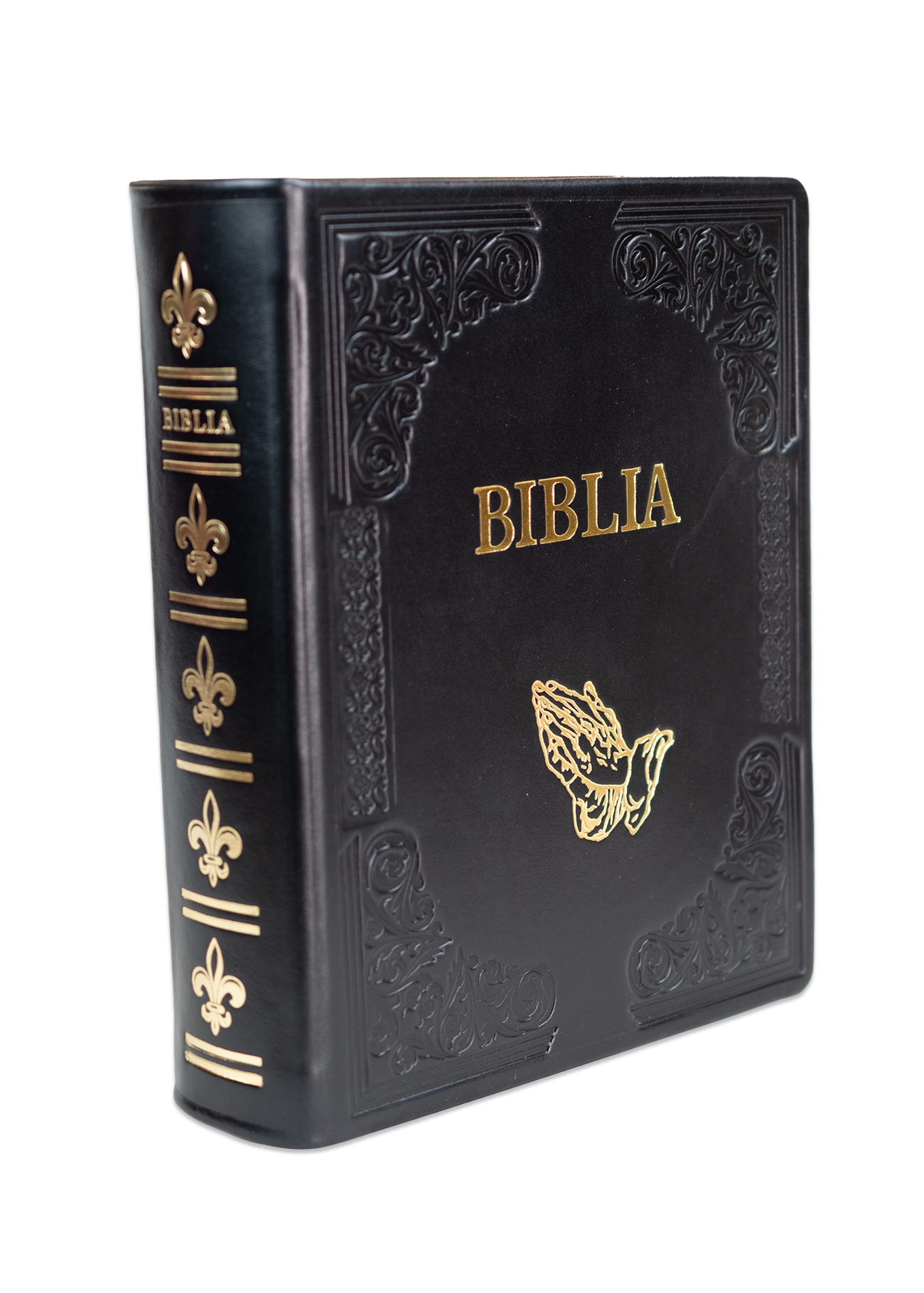 Biblia de studiu inductiv (trad. D. Cornilescu), piele naturala handmade, neagra, simbol maini in rugaciune, margini aurii Biblia de studiu inductiv (trad. D. Cornilescu), piele naturala handmade, neagra, simbol maini in rugaciune, margini aurii