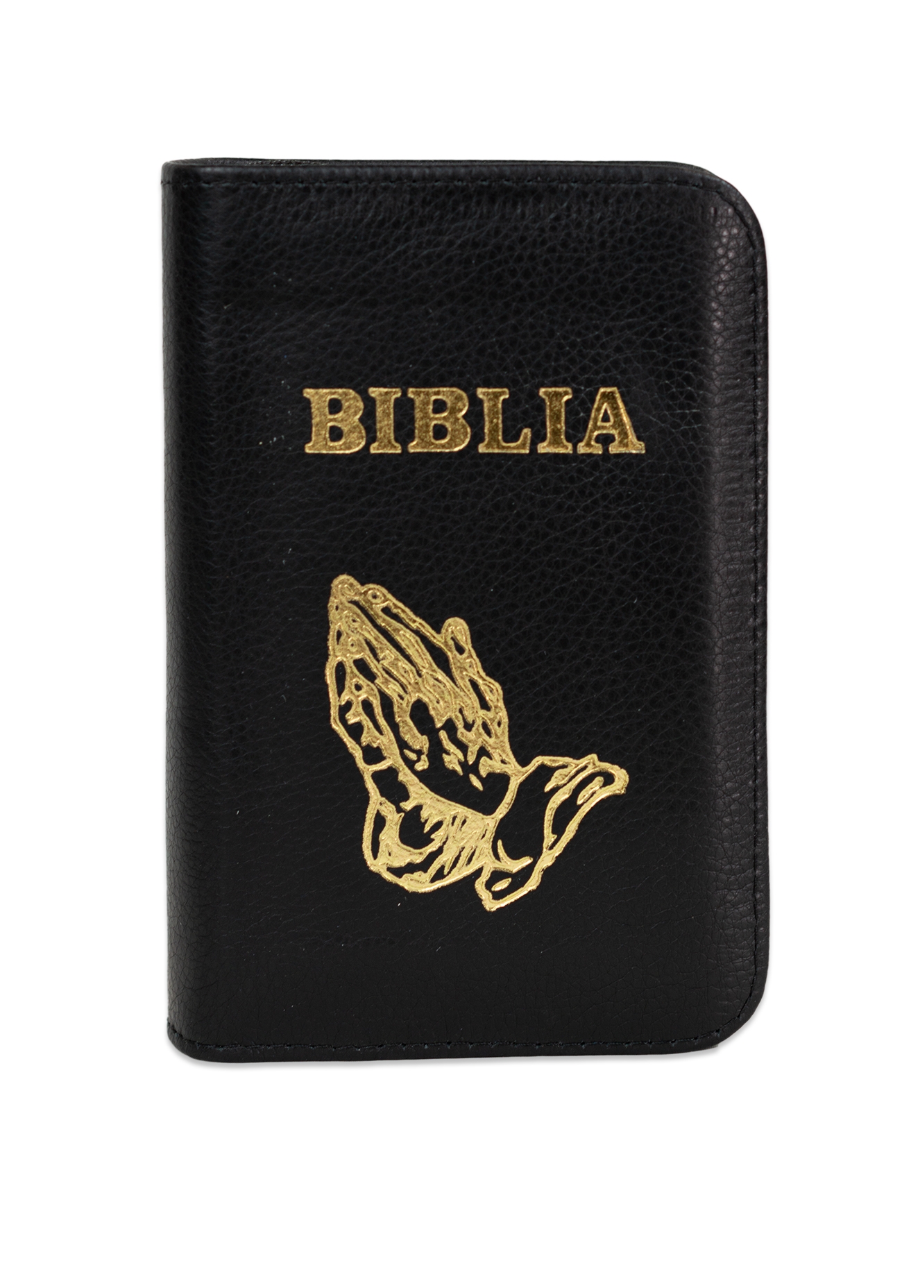Biblia de buzunar, piele, neagra, cu fermoar, margini albe, cu scris mare, simbol maini in rugaciune Biblia de buzunar, piele, neagra, cu fermoar, margini albe, cu scris mare, simbol maini in rugaciune