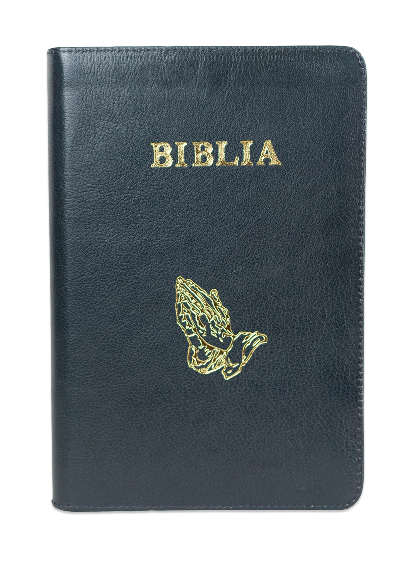 Biblie mare, piele, culoare gri antracit, fermoar, index, margini argintii, simbol mâini în rugăciune, cuv. Isus cu rosu [SI 073 PFI]