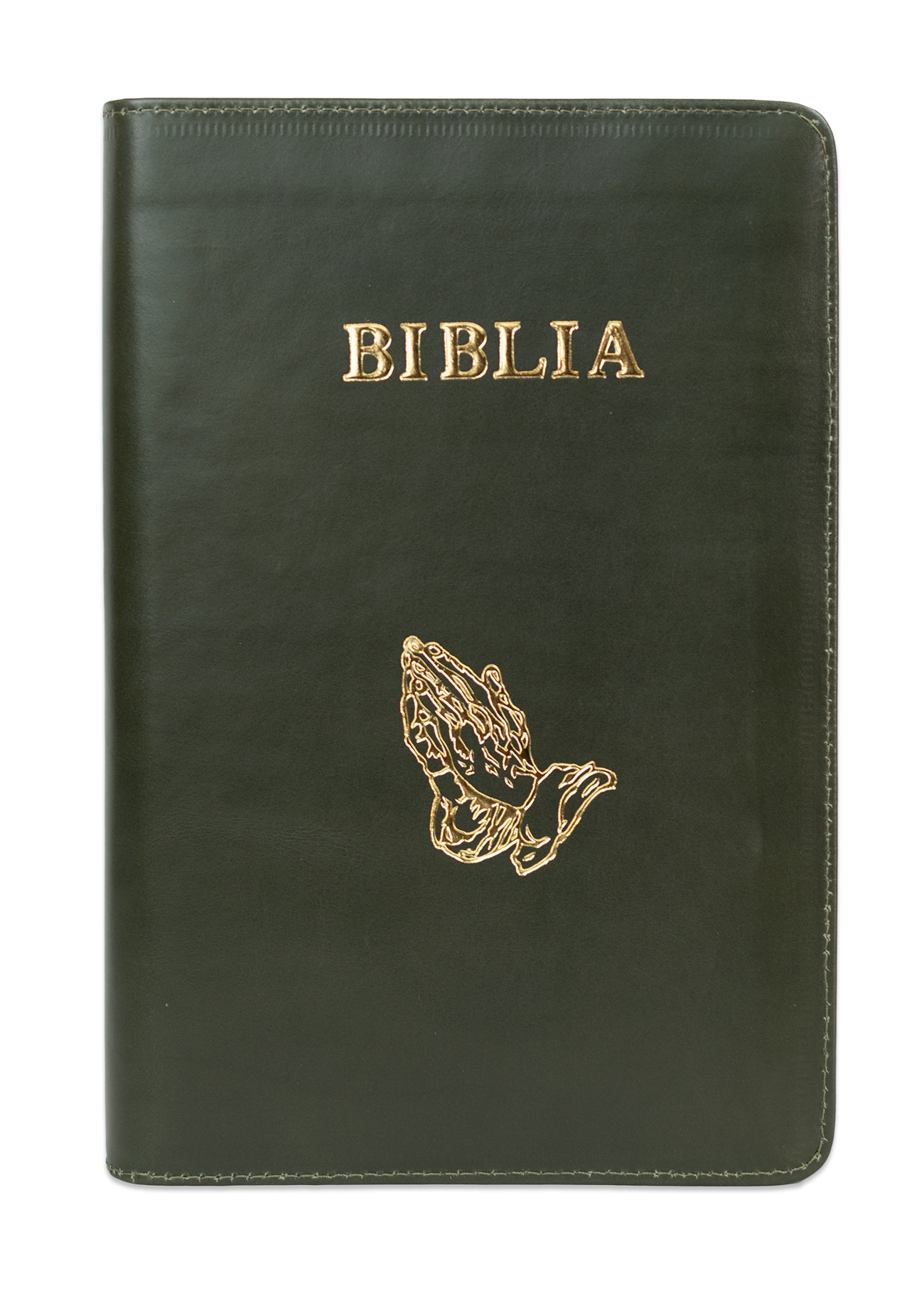 Biblie mare, piele, culoare kaki, fermoar, index, margini argintii, simbol mâini în rugăciune, cuv. Isus cu rosu [SI 073 PFI]