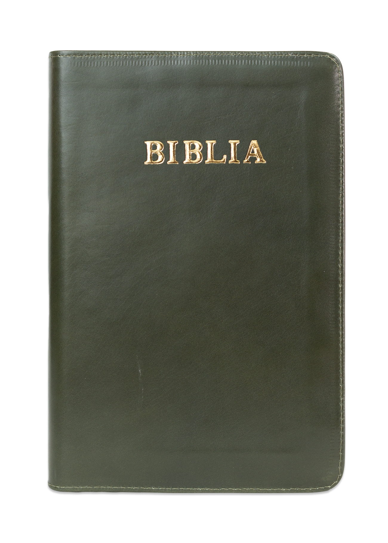 Biblie mare, piele, culoare kaki, fermoar, index, margini argintii, cuv. Isus cu rosu [SI 073 PFI]