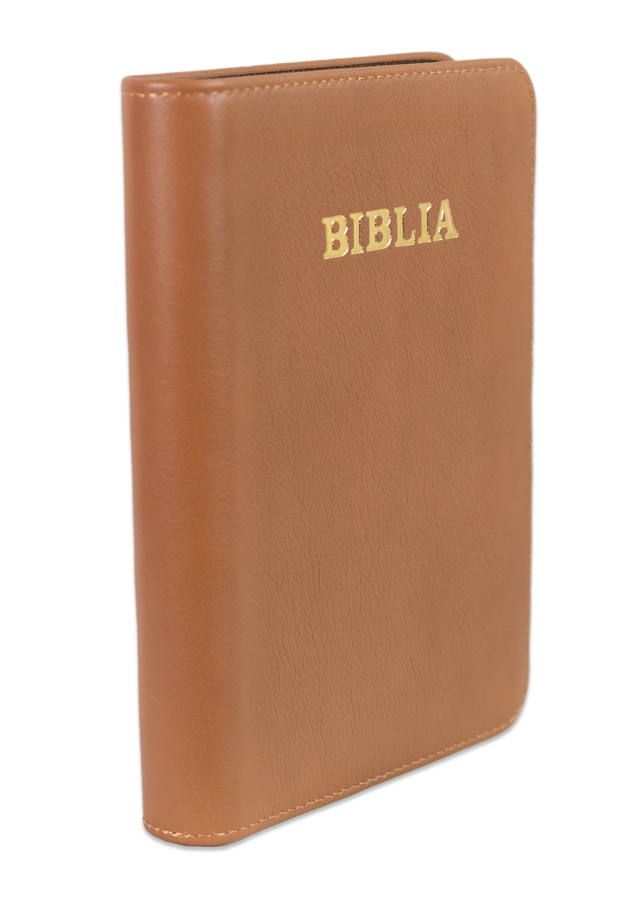 Biblie din piele, marime medie, culoare maro, fermoar, margini albe, cuv. lui Isus cu rosu [053]