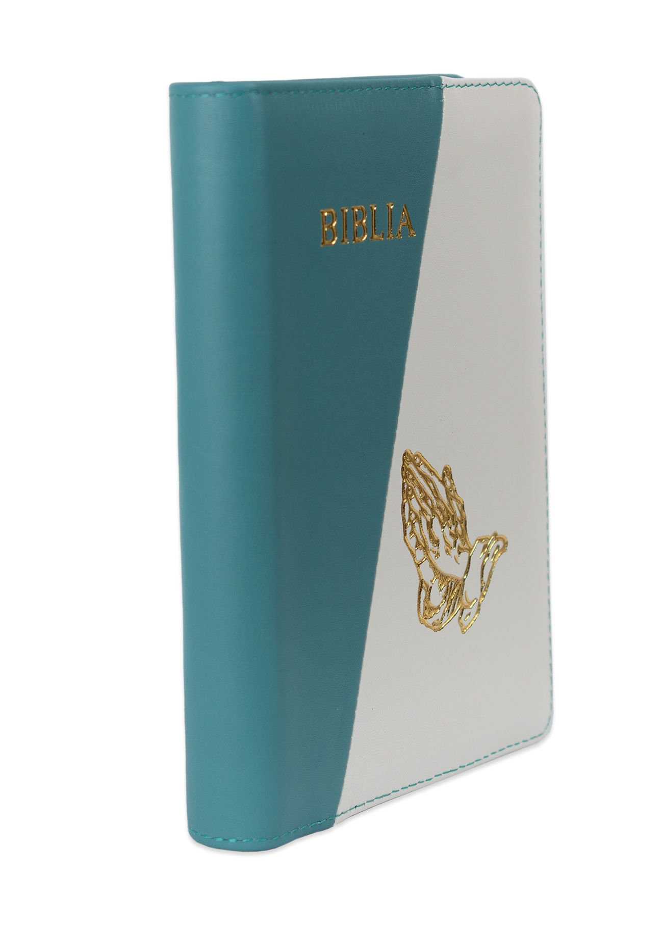 Biblie din piele, marime medie, culoare, turcoaz închis cu alb, fermoar, margini albe, simbol maini in rugaciune,  cuv. lui Isus cu rosu [053]