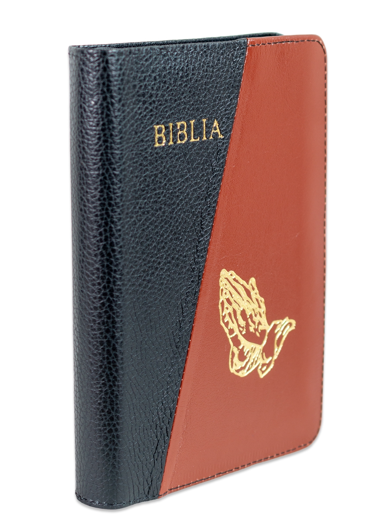 Biblie din piele, marime medie, culoare negru cu maro, simbol maini in rugaciune, fermoar, index, margini aurii, cuv. lui Isus cu rosu [SB 057 PFI]