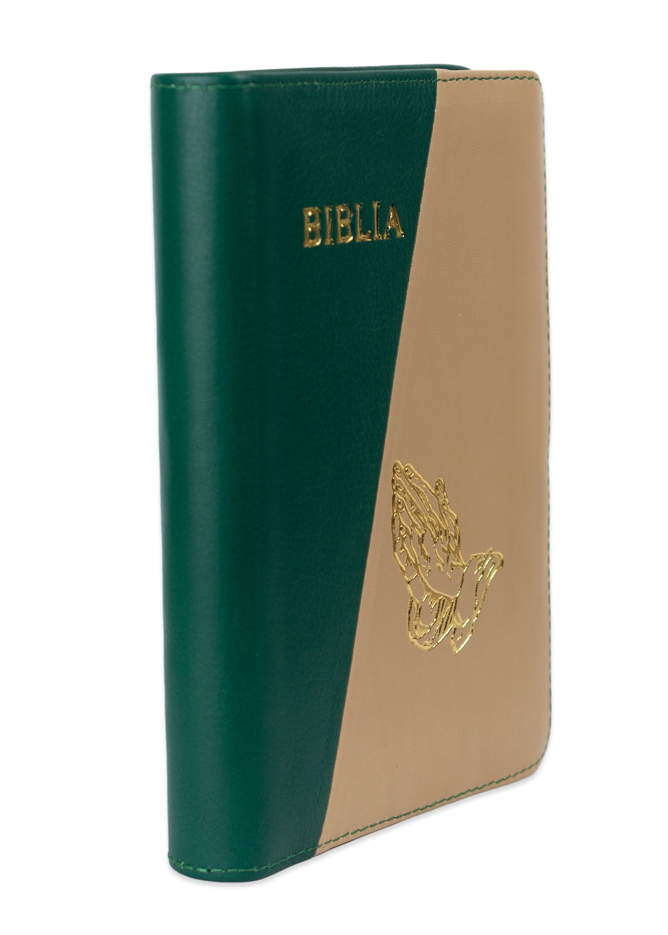 Biblie din piele, marime medie, culoare, verde cu crem, fermoar, margini albe, simbol maini in rugaciune,  cuv. lui Isus cu rosu [053]
