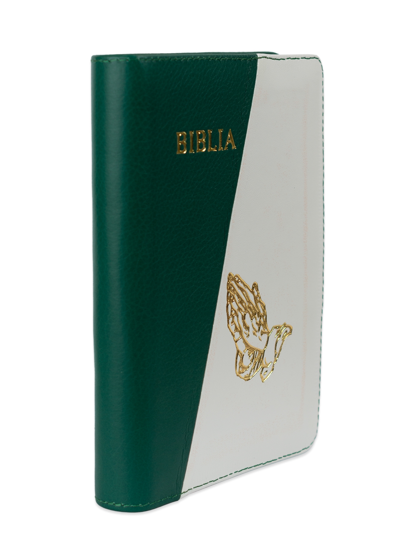Biblie din piele, marime medie, culoare, verde cu alb, fermoar, margini albe, simbol maini in rugaciune,  cuv. lui Isus cu rosu [053]