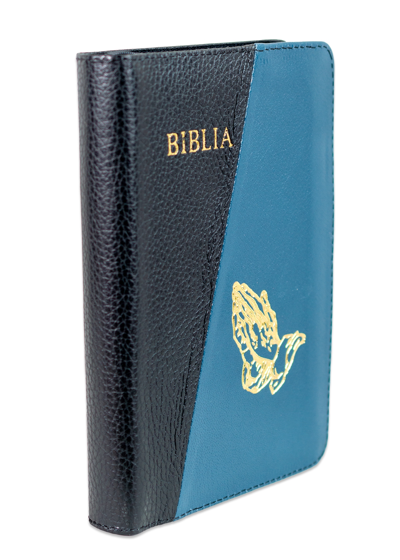 Biblie din piele, marime medie, negru cu albastru, fermoar, margini albe, simbol maini in rugaciune, cuv. lui Isus cu rosu [053]