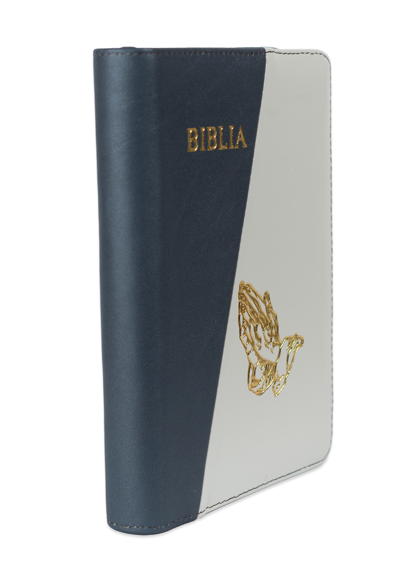 Biblie din piele, marime medie, gri cu alb, fermoar, margini albe, simbol maini in rugaciune,  cuv. lui Isus cu rosu [053]