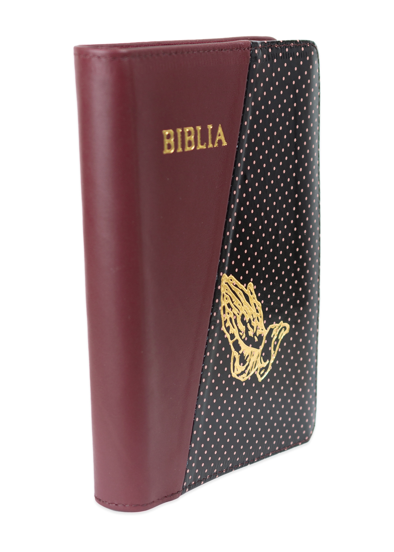 Biblie din piele, marime medie, culoare, vișiniu / negru cu puncte roz, fermoar, margini albe, simbol maini in rugaciune,  cuv. lui Isus cu rosu [053]