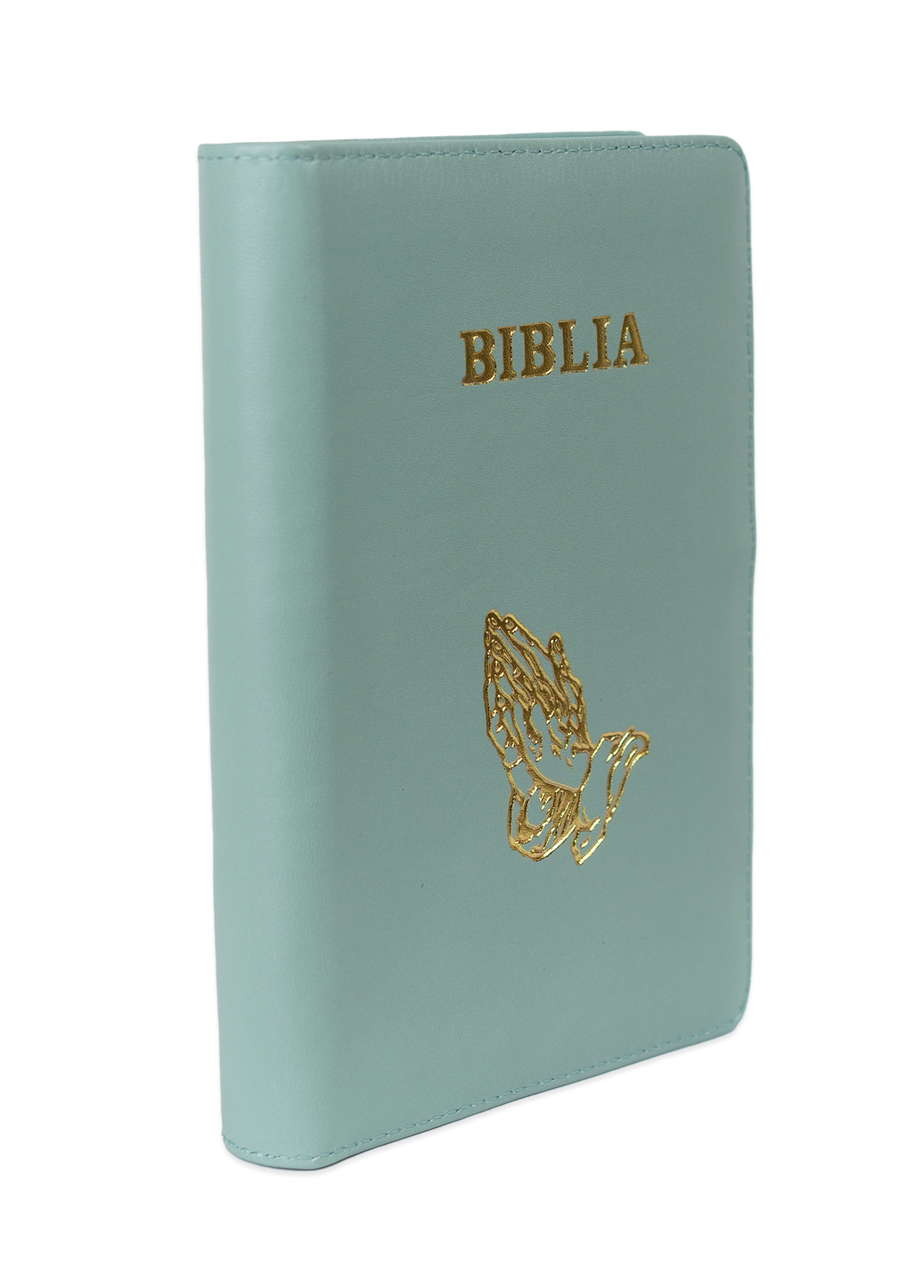 Biblie din piele, marime medie, culoare, verde mentă deschis, fermoar, margini albe, simbol maini in rugaciune,  cuv. lui Isus cu rosu [053]