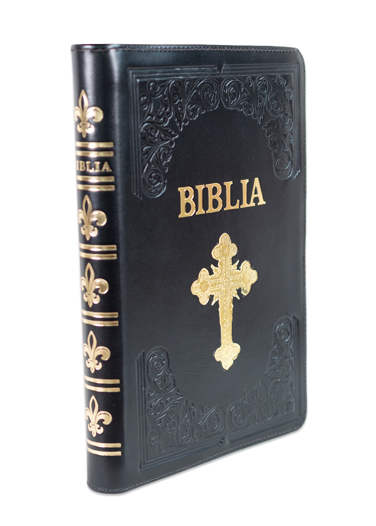 Biblie mare, piele, handmade, neagră, index, margini aurii,  cuv. Isus cu rosu [SI 076 HM]