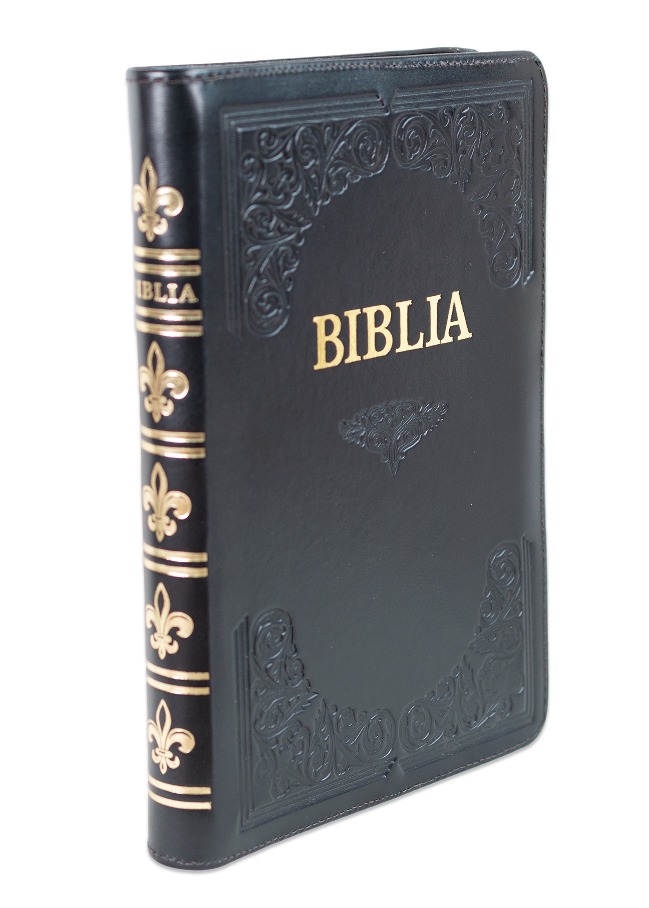 Biblie mare, piele, handmade, neagră, margini aurii,  cuv. Isus cu rosu [SI 076 HM]