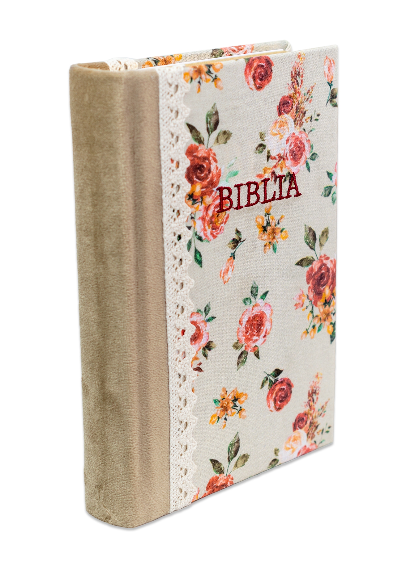 Biblia handmade, model 58, marime medie, coperta tare textila, margini aurii, index, cuv. lui Isus cu rosu [SI 057 HM]