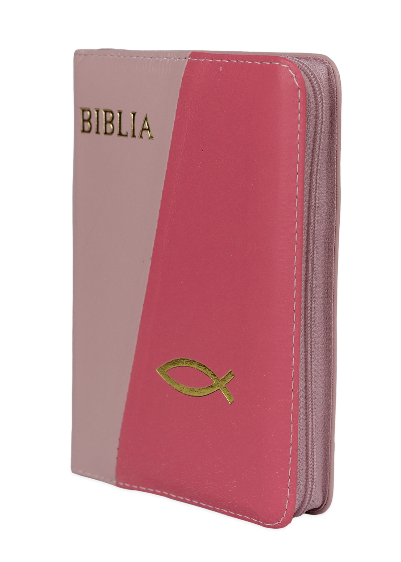 Biblia format mic, din piele, culoare, roz deschis cu roz închis,  index,  fermoar, margini argintii, cuv. lui Isus in rosu [047 PFI]