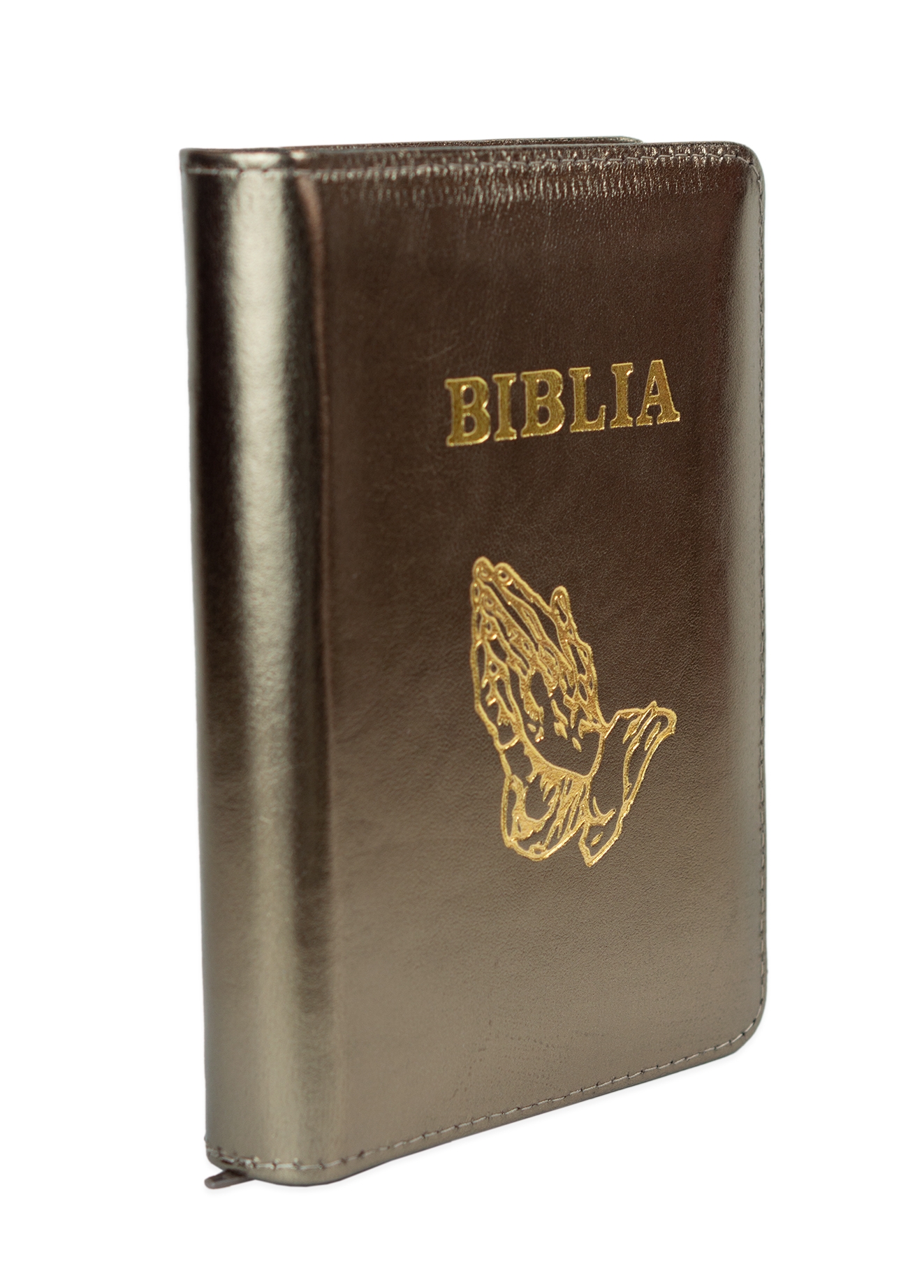 Biblia format mic, din piele, culoare, bronz sidefat,  index, simbol maini,  fermoar, margini argintii, cuv. lui Isus in rosu [047 PFI]