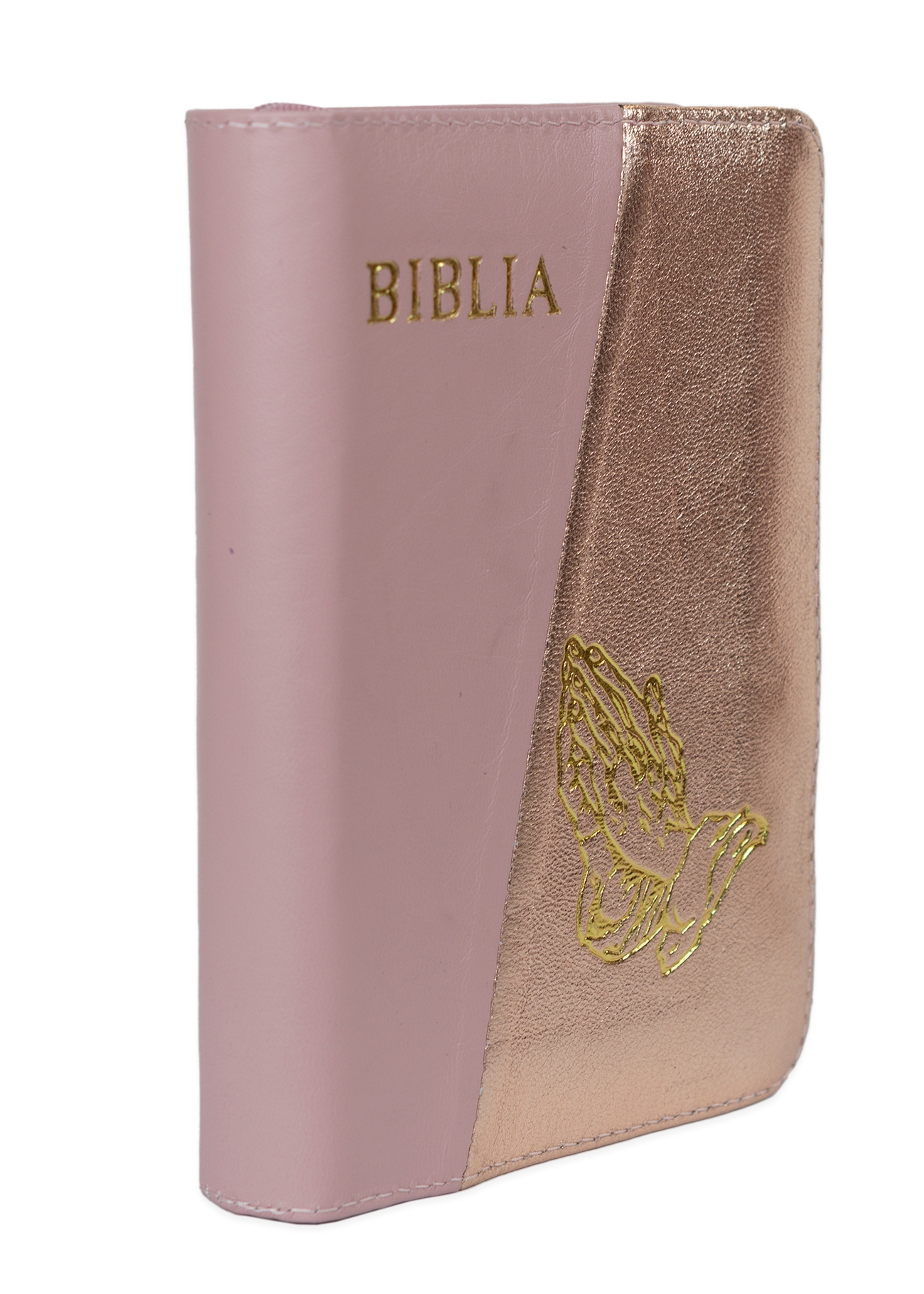 Biblia format mic, din piele, culoare, roz cu roz sidefat,  index, simbol maini,  fermoar, margini argintii, cuv. lui Isus in rosu [047 PFI]