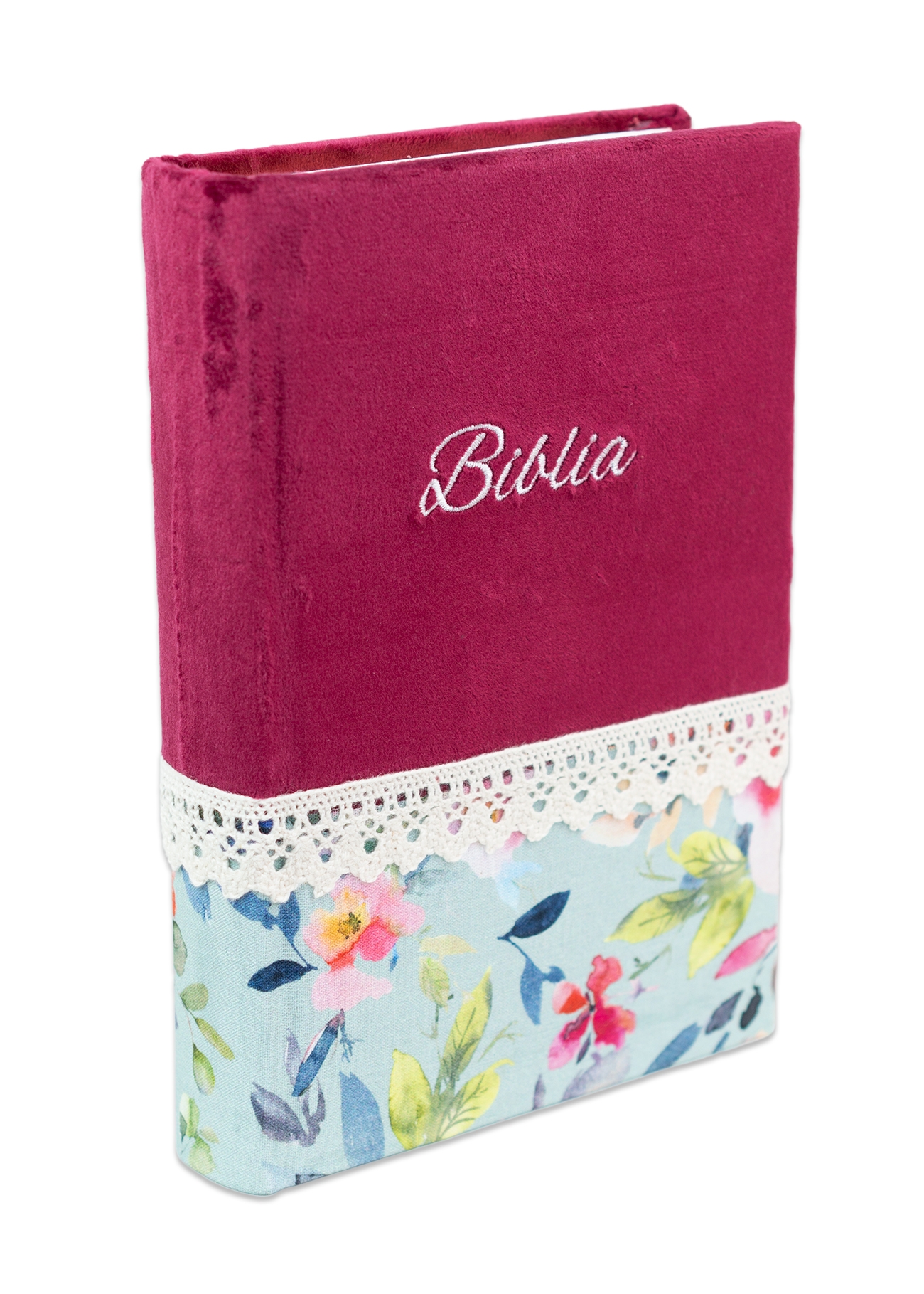 Biblia handmade, model 55, marime medie, coperta tare textila, margini aurii, index, cuv. lui Isus cu rosu [SI 057 HM]