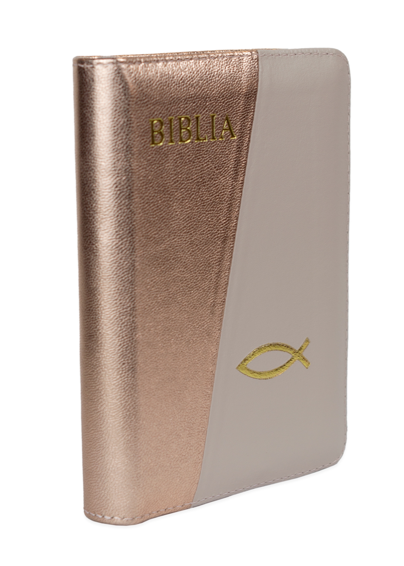 Biblia format mic, din piele, culoare, roz sidefat cu roz pal,  index,  fermoar, margini argintii, cuv. lui Isus in rosu [047 PFI]