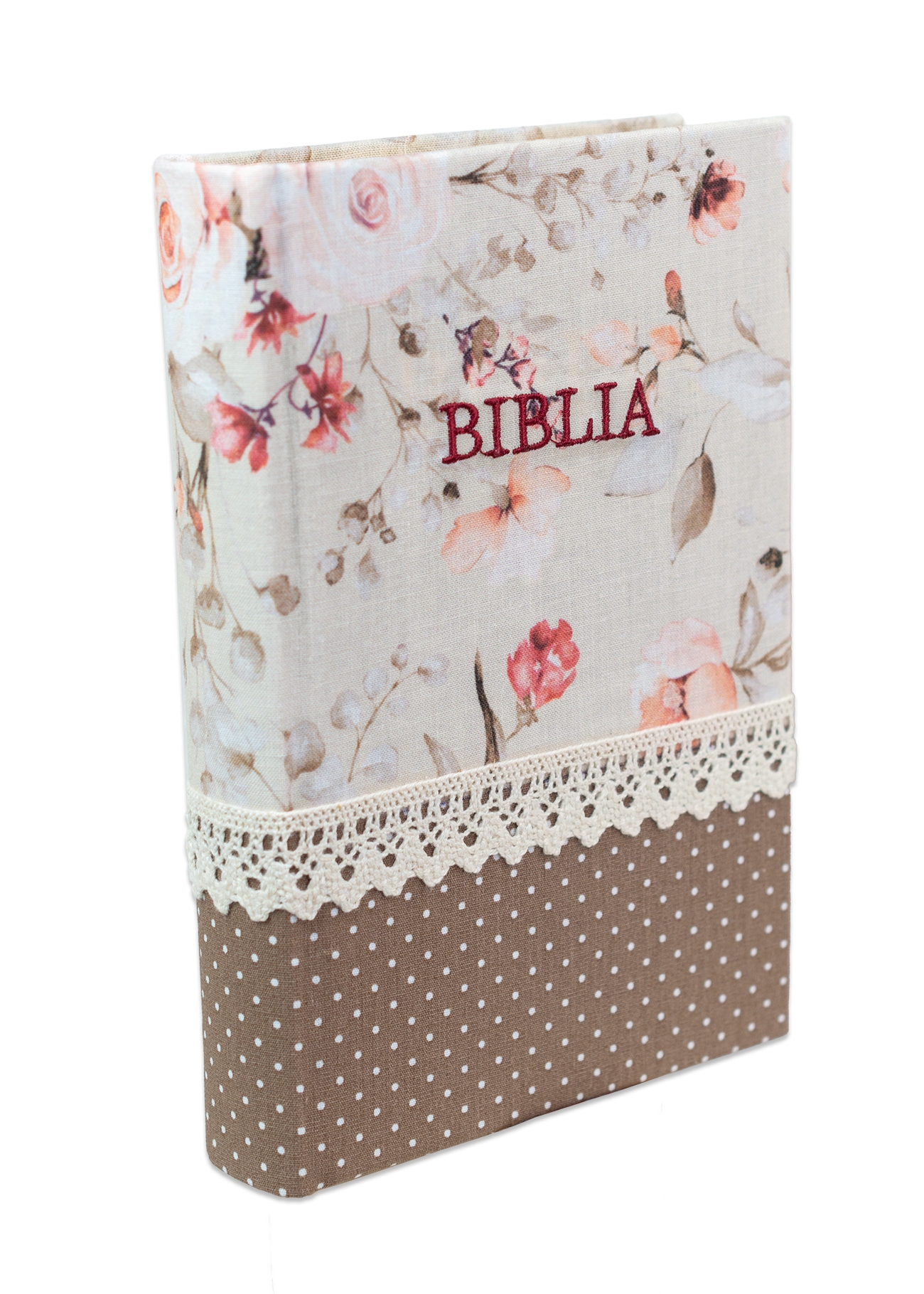 Biblia handmade, model 57, marime medie, coperta tare textila, margini aurii, index, cuv. lui Isus cu rosu [SI 057 HM]