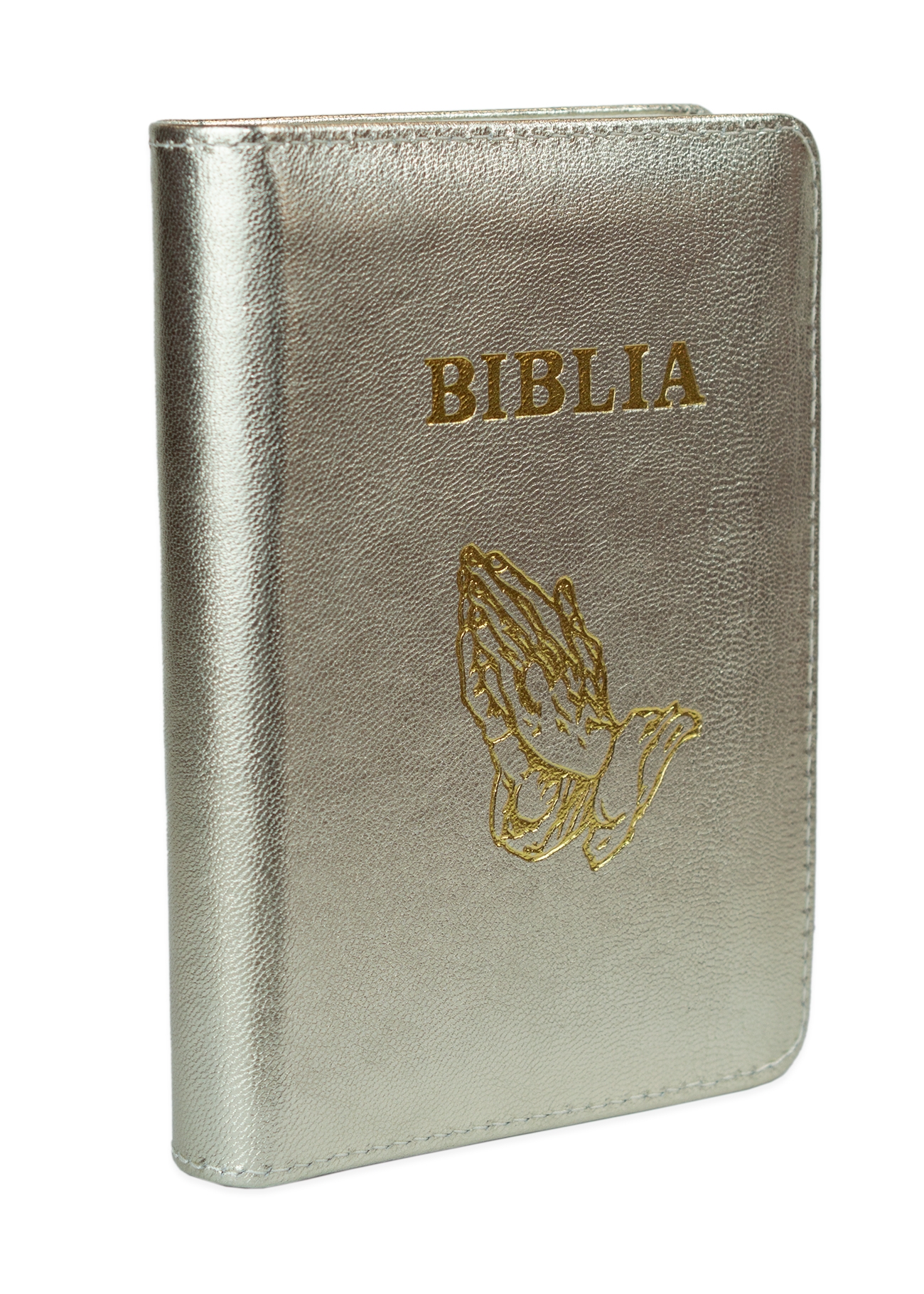 Biblia format mic, din piele, culoare, argintiu sidefat,  index, simbol maini,  fermoar, margini argintii, cuv. lui Isus in rosu [047 PFI]