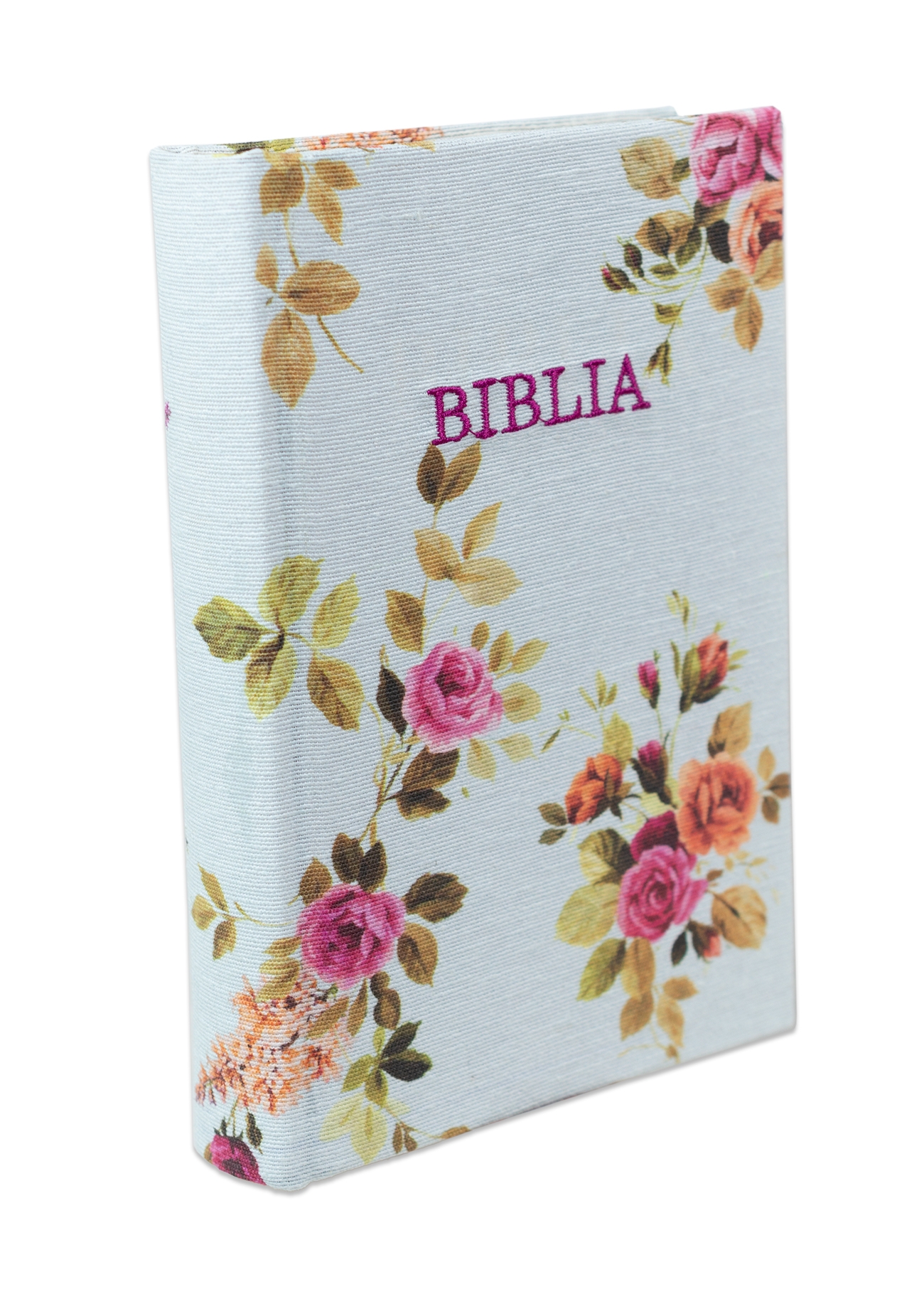 Biblia handmade, model 50, marime medie, coperta tare textila, margini aurii, index, cuv. lui Isus cu rosu [SI 057 HM]