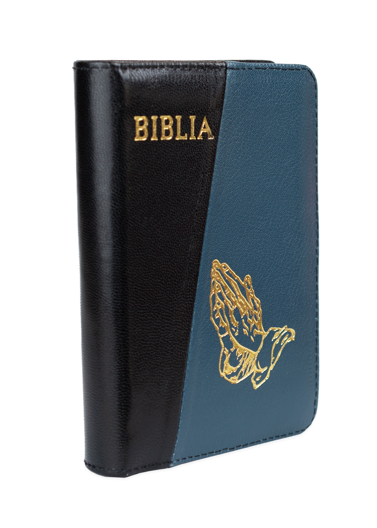 Biblia format mic, din piele, culoare, negru cu albastru metal închis,  index, simbol maini,  fermoar, margini argintii, cuv. lui Isus in rosu [047 PFI]