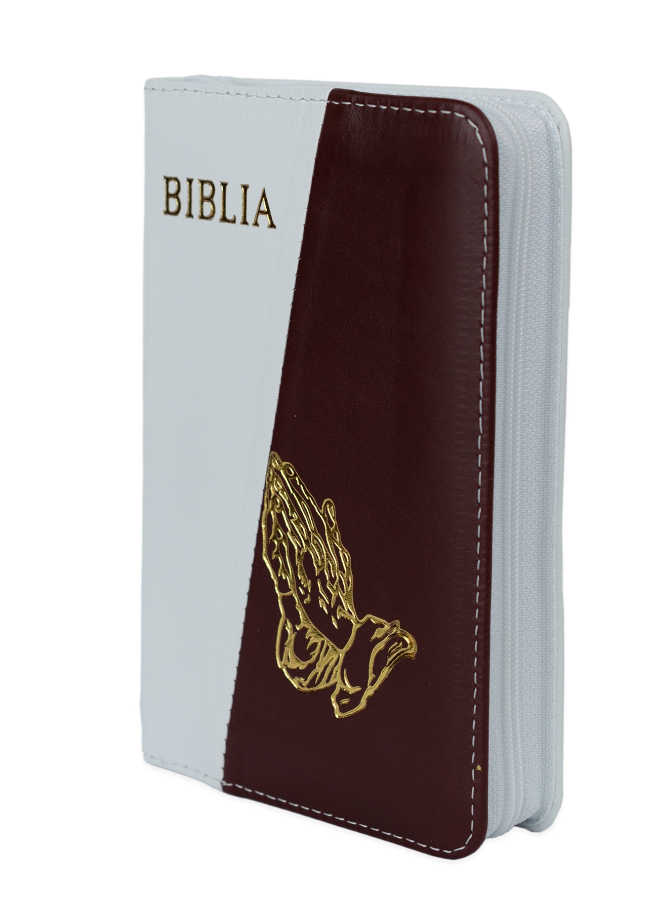 Biblia format mic, din piele, culoare, alb cu vișiniu,  index, simbol maini,  fermoar, margini argintii, cuv. lui Isus in rosu [047 PFI]