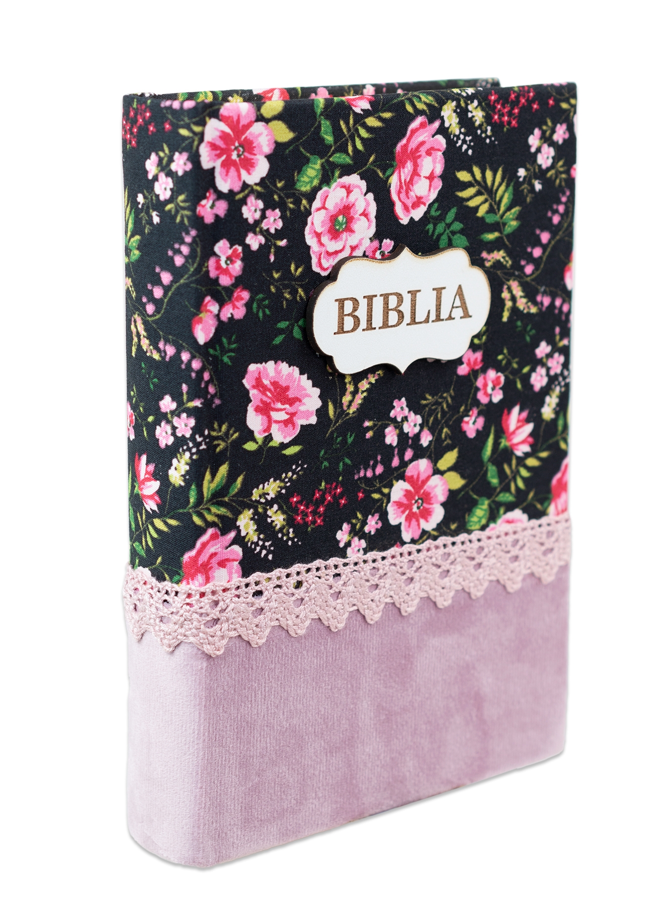 Biblia handmade, model 53, marime medie, coperta tare textila, margini aurii, index, cuv. lui Isus cu rosu [SI 057 HM]