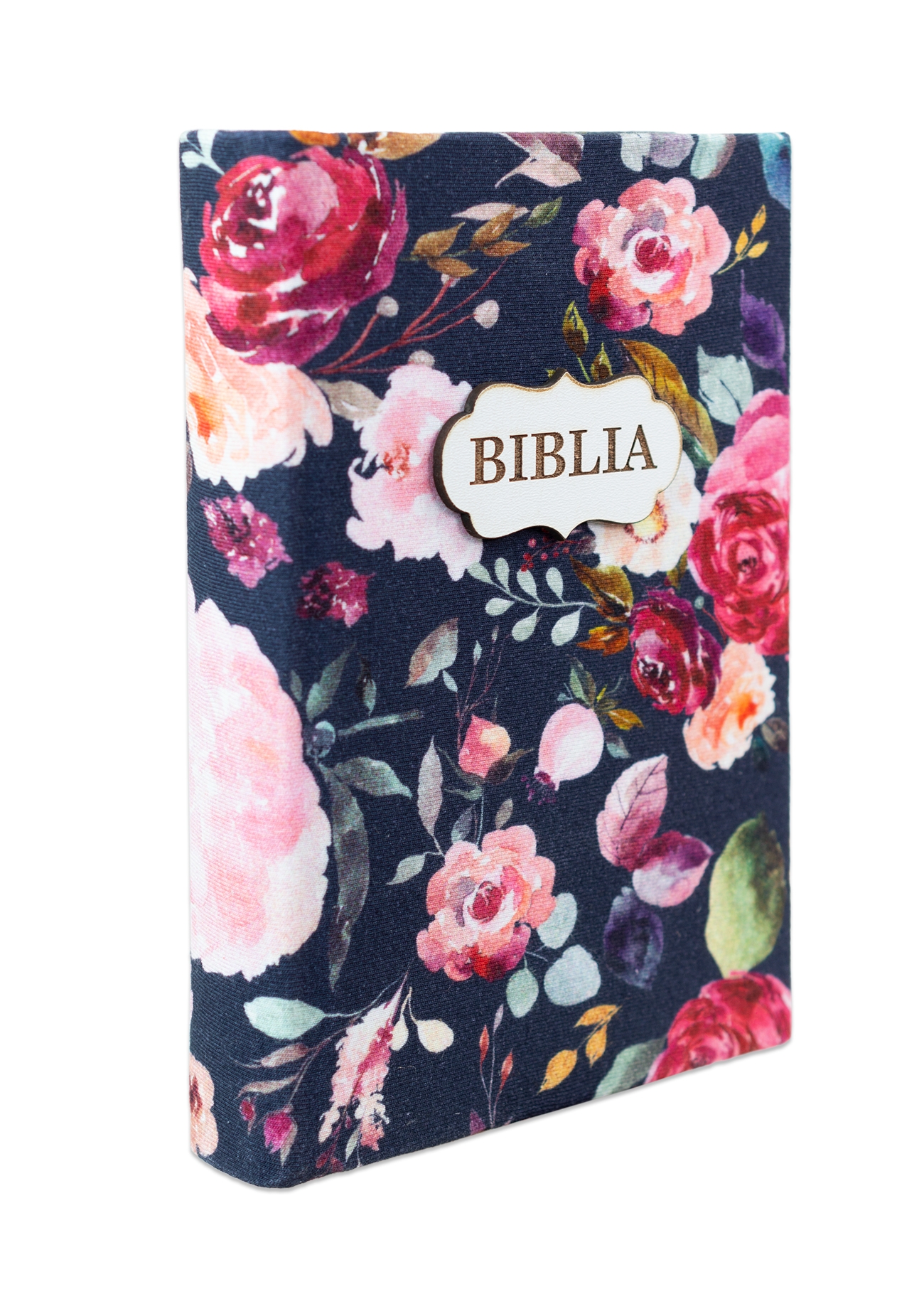 Biblia handmade, model 52, marime medie, coperta tare textila, margini aurii, index, cuv. lui Isus cu rosu [SI 057 HM]